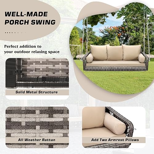 Miniatura 2 de Grepatio Columpio de mimbre para 3 personas, columpio de mimbre para patio, columpio de ratán al aire libre con cojín y almohada para jardín, patio,