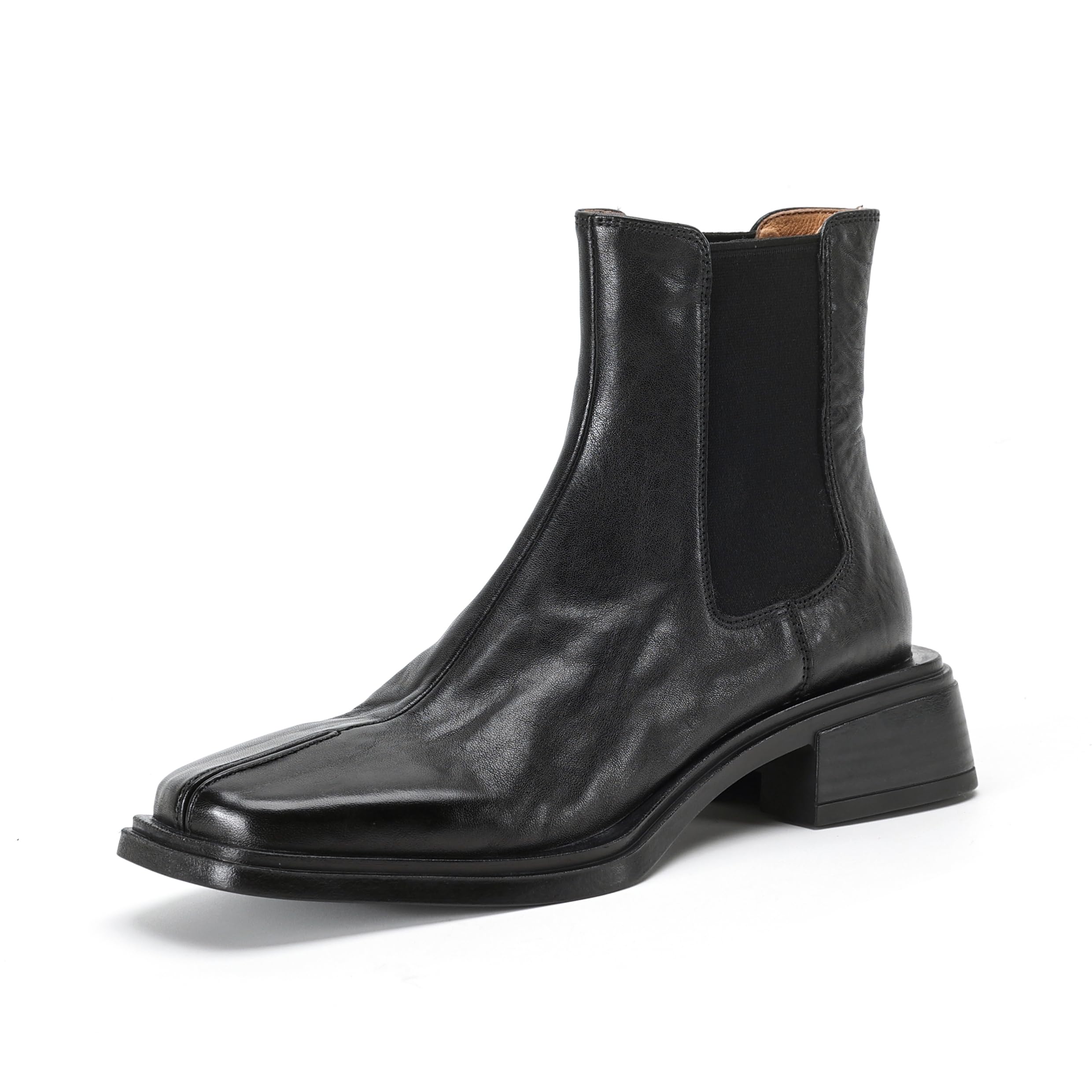 Womens Square Toe Chelsea Boots Genuine Leather Ankle Boot with Block Heel Center Seam Black and Brown