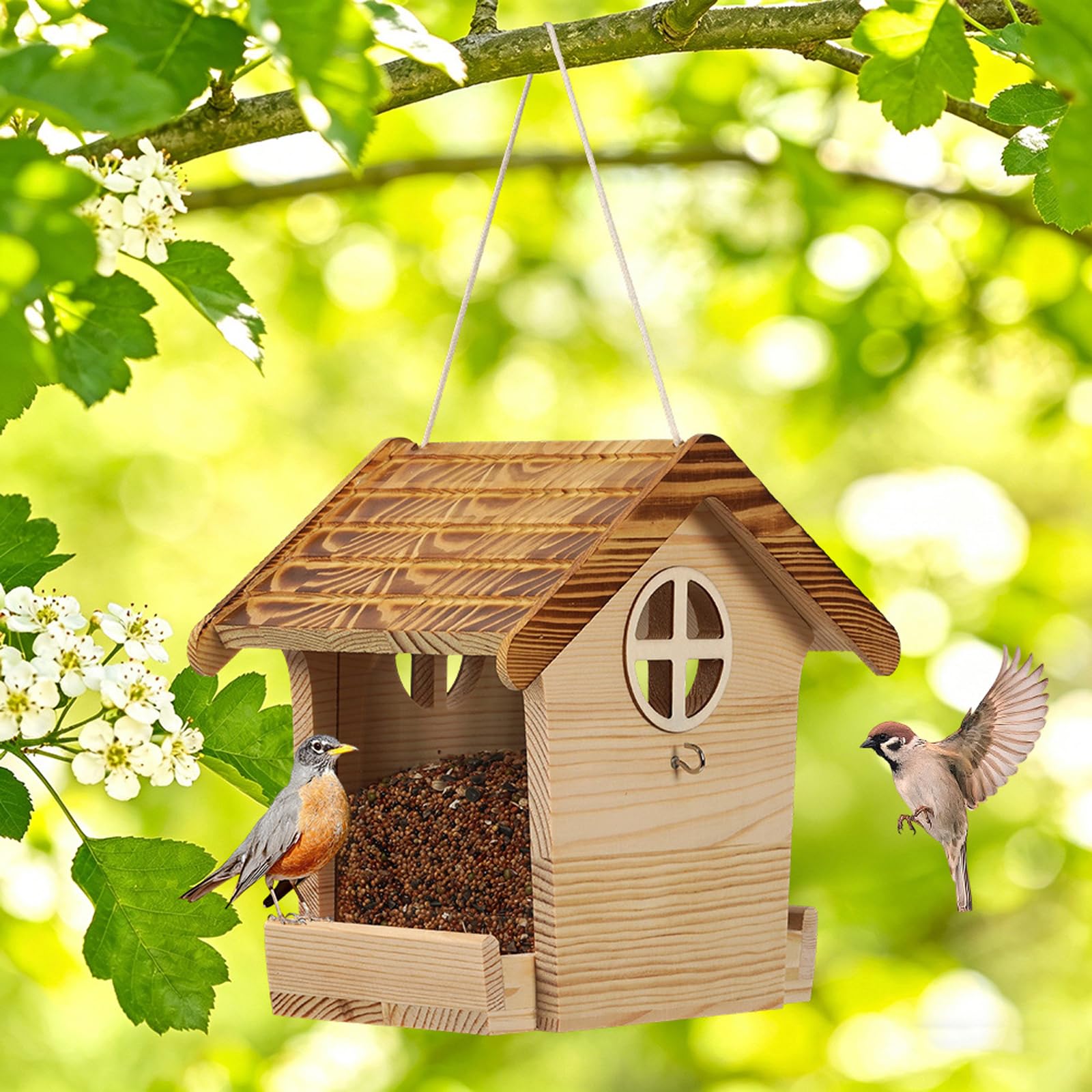 Decorazione per mangiatoia per uccelli da patio, casetta per mangiatoia per uccelli da esterno in legno con vassoio accesso aperto, finitura in legno naturale e ramo un albero o display da