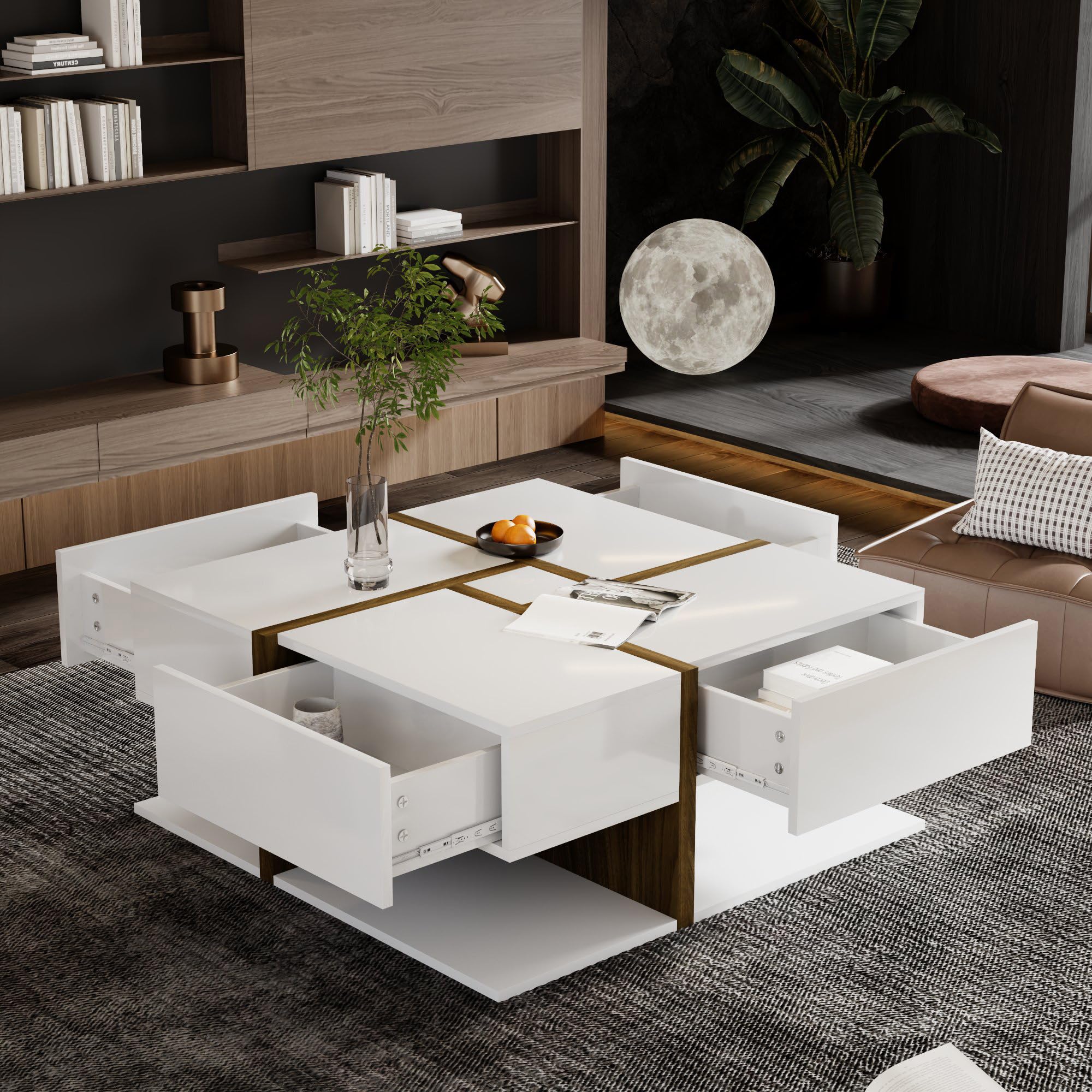 Merax Table basse brillante avec 4 tiroirs et étagère inférieure, design unique de couleur et de lignes, 78 x 78 x 36 cm, blanc et marron