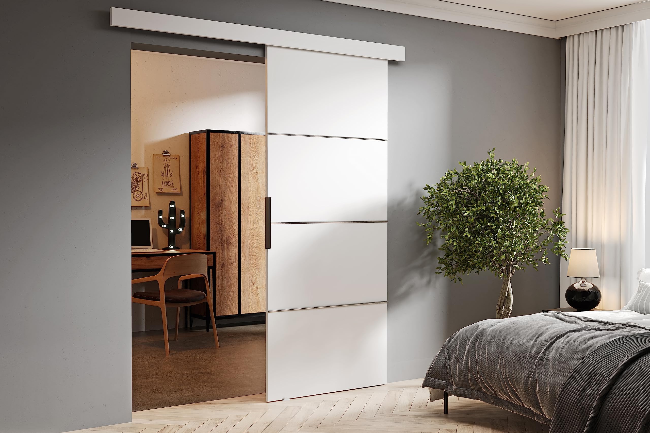 KIER FURNITURE Schiebetür Komplettset - MALIBU - Tür mit Laufschiene - Schiebetürsystem - Raumspartür - Innentüren - Schiebetür - Weiß 96 x 205 x 1,6 cm