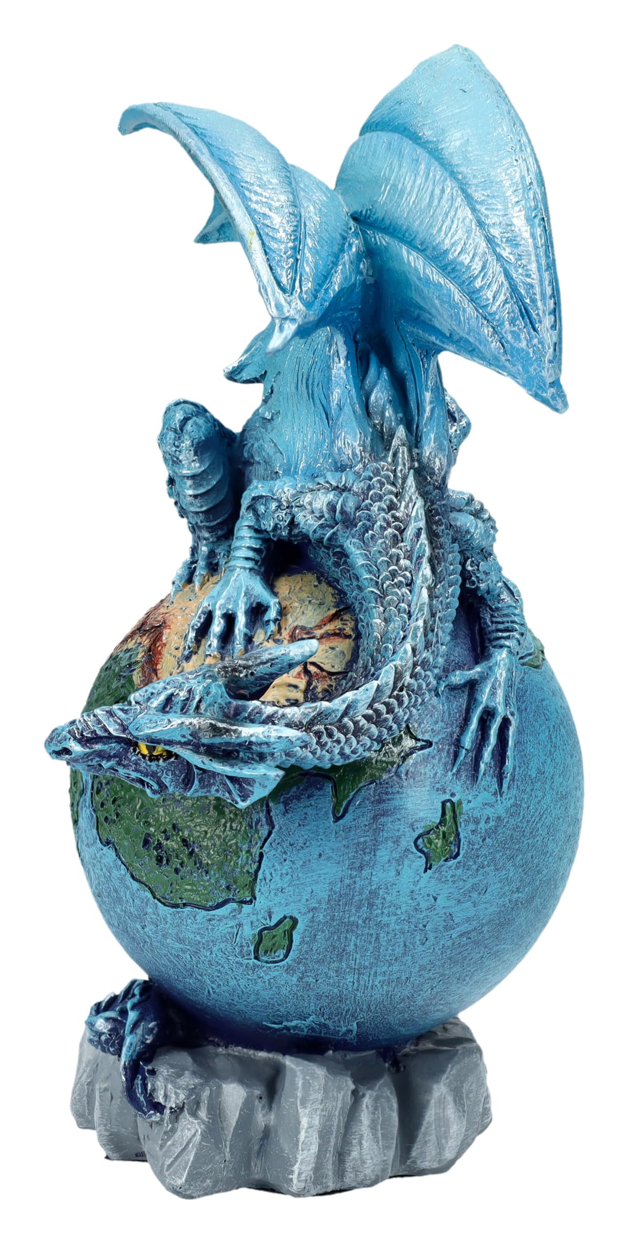 Figuren Shop GmbH Drachenfigur Blauer Planet – Fantasy Dekofigur mit Drache auf Erde, 14,5 cm Höhe