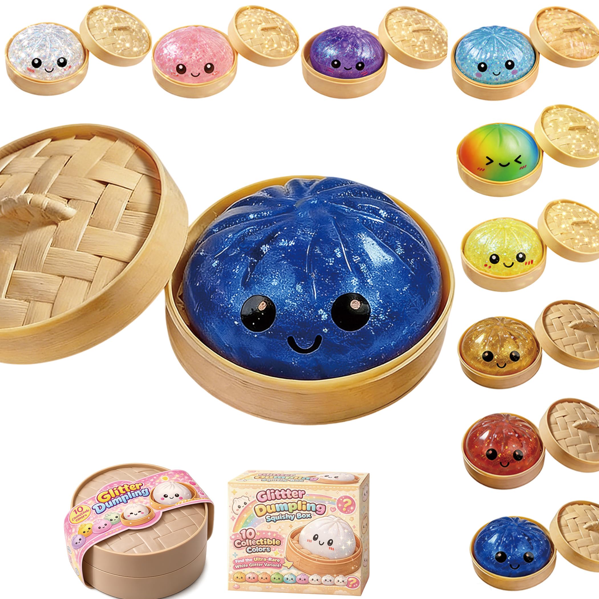 Dumplings Squishy, Glitter Dumpling Squishy, Squishiest Bun Dumplings with Steamer Box, Stress & Anxiety Relief Toys for Kids & Adults Non-Edible (Blue)