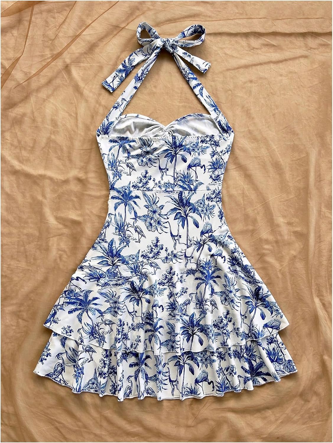 BEAUDRM Women's Floral Halter Dress Boho Ruffle Sleeveless Tie Backless Layered A Line Mini Dresses