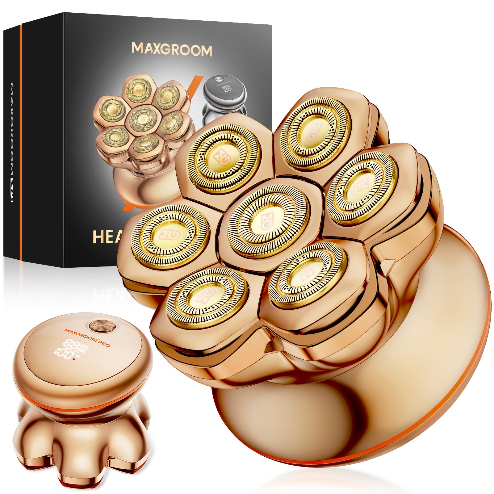 7D PRO Glatzen Rasierer Herren,MAXGROOM IPX6 Wasserdicht Kopfrasierer Glatze mit Magnetische Schwebender Kopf,1400mAh Akku Kopf Rasierer Herren,8800RPM Gold Head Shaver Men
