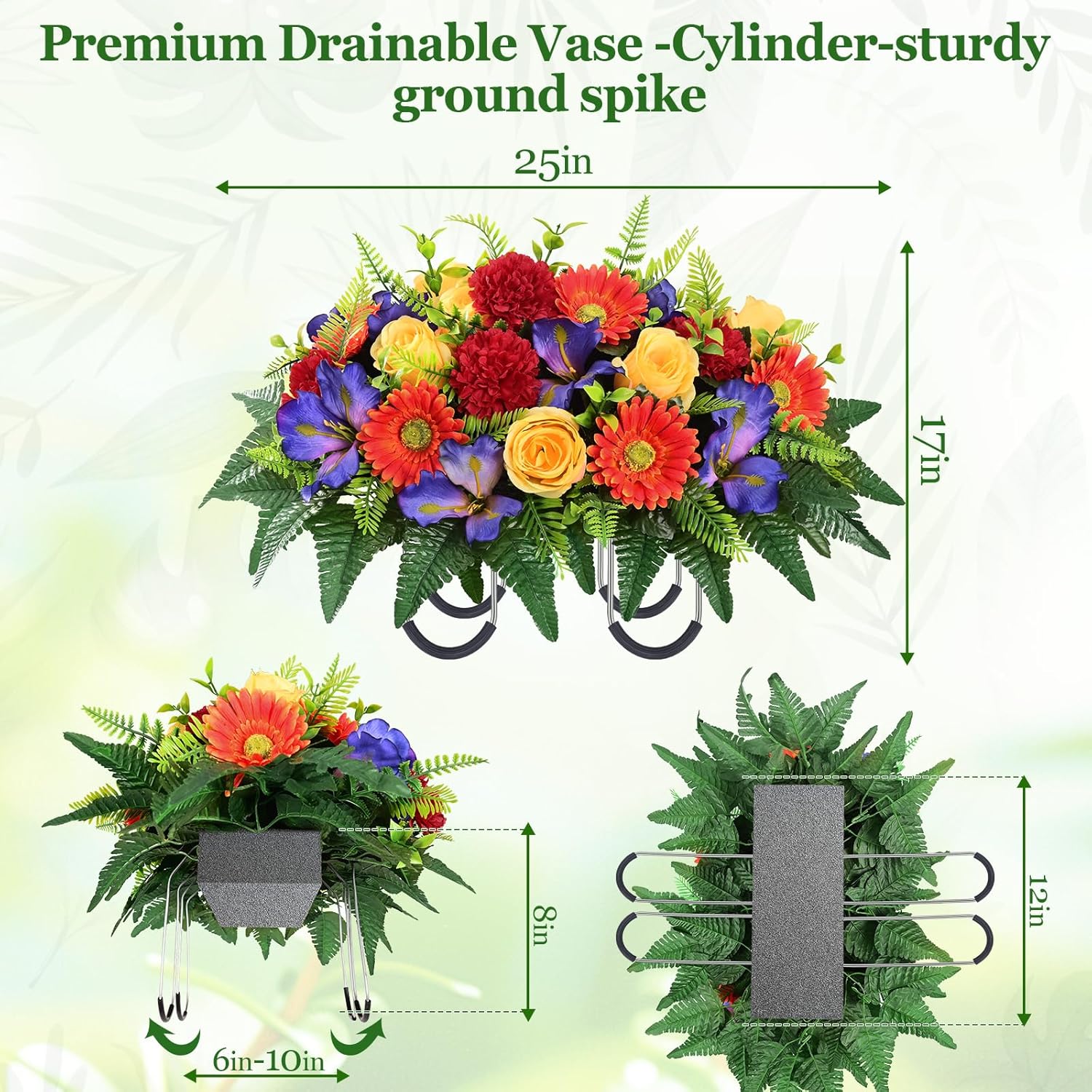 Yastouay 3 Sets Artificial Cemetery Flowers for Grave, Realistic Headstone Flower Saddle, UV Resistant Memorial Day Flowers, Mixed Blooms Grave Decorations for Cemetery (Colorful)