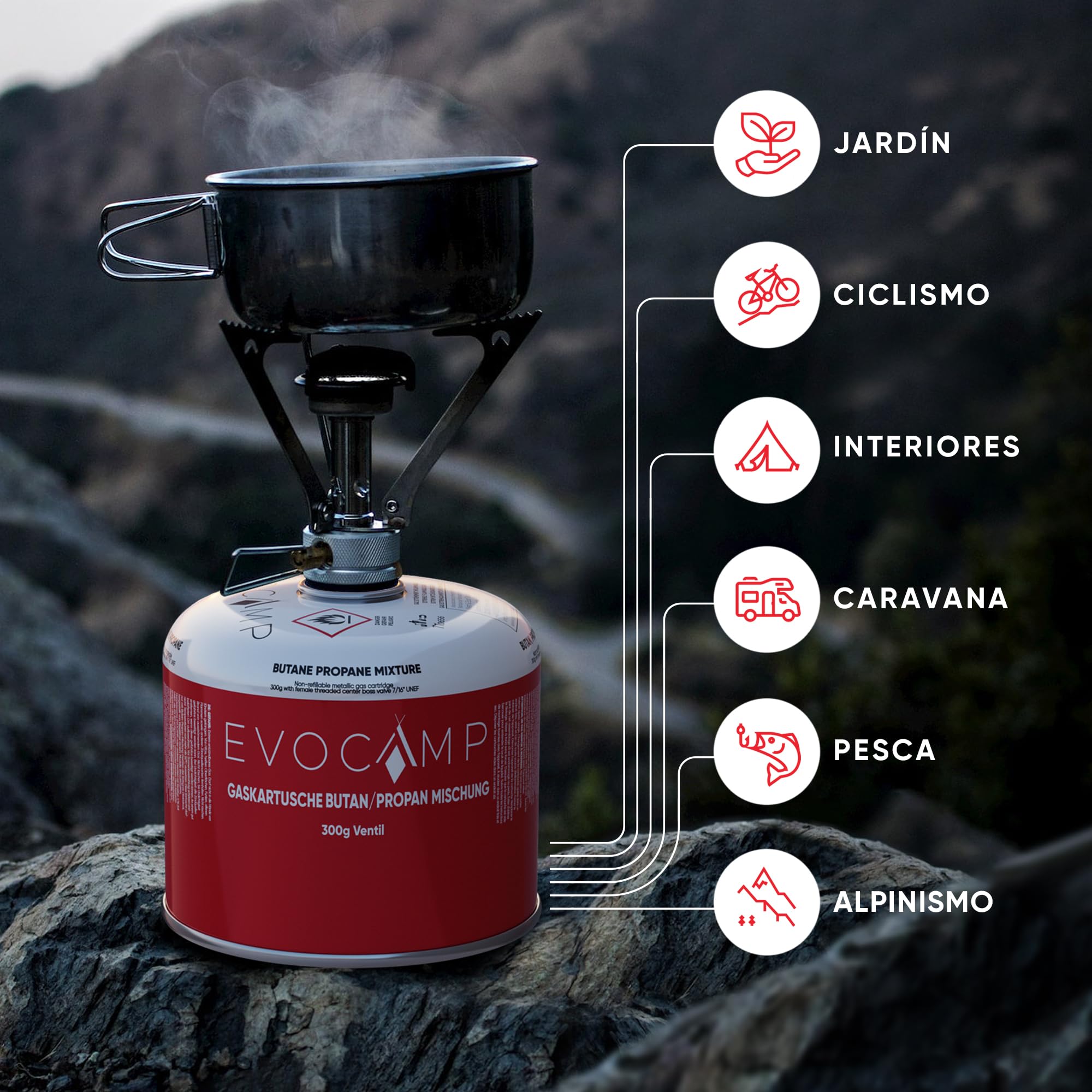 EVOCAMP cartuchos de gas Propano Butano 300g, válvula de rosca Eurogewinde 7/16", cartuchos de válvula 539ml con cierre de seguridad automático (6X)
