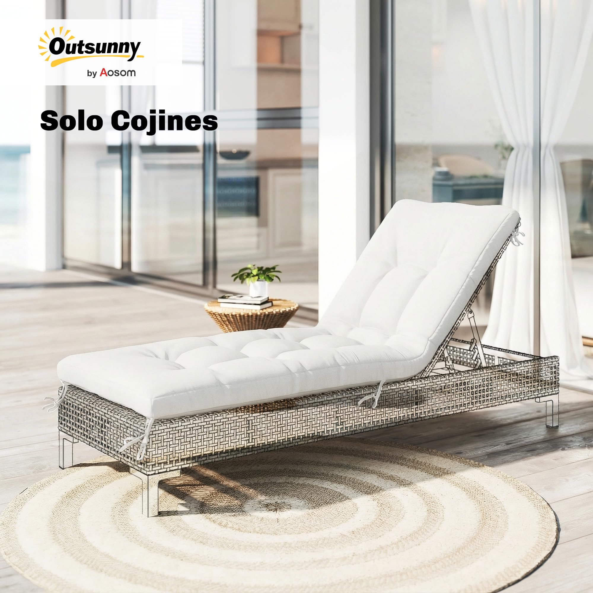 Outsunny Cojín para Banco Exterior y Tumbona UV50+ 198x65x13 cm Crema | Cojín para Banco y Tumbona de Jardín, con Correas de Sujeción, Rebote Lento, para Interior y Exterior