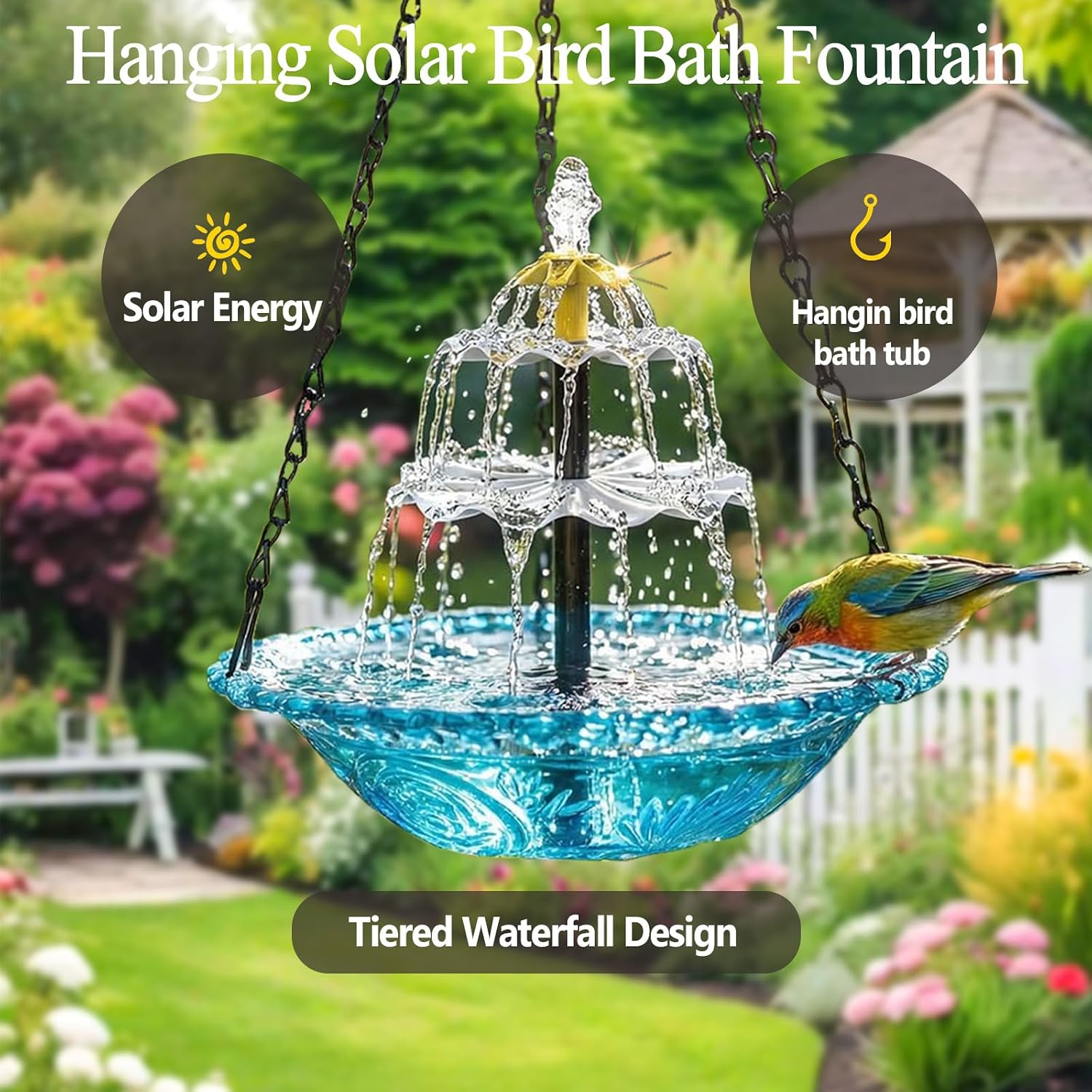 Hanging Solar Bird Bath Fountain, 2026 New Solar Powered Cascading Outdoor Water Fountain, Large Humming Birds Baths Fountains for Outdoors Garden Patio Backyard Lawn Decor