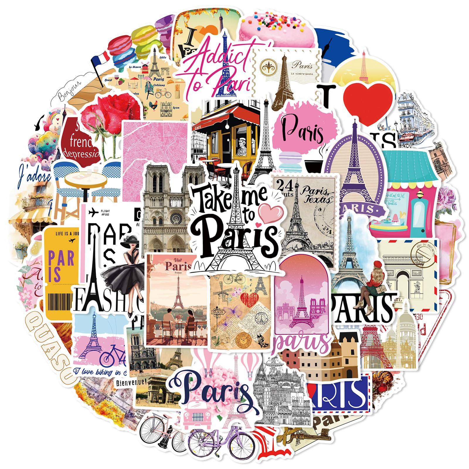 Affoto Girls Paris Stickers For Laptop (50 Pcs),Gift For Children Teens Adults Boys,Waterproof Stickers For Water Bottle,Paris Stickers For Scrapbook,Skateboard,Bike,Phone,Dairy