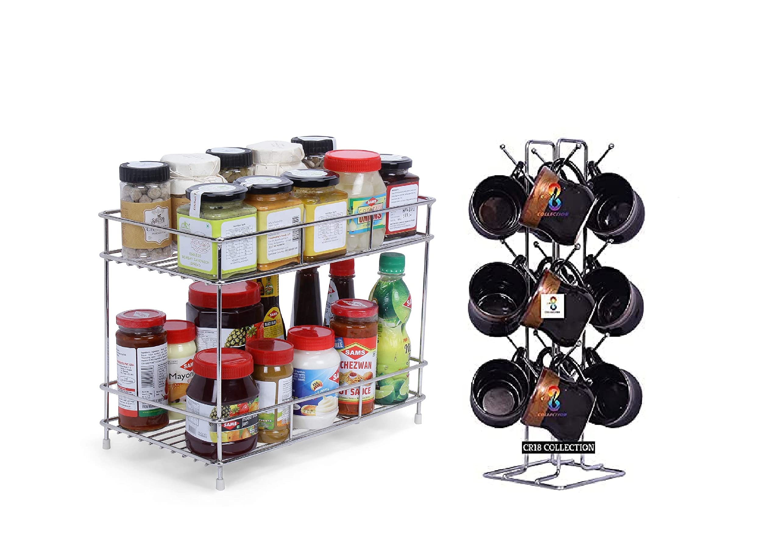 12FOR COLLECTIONBIG SIZE Stainless Steel 2 Layer Kitchen Spice Rack| Modular Kitchen Storage Rack Big Size Stainless Steel Cup Stand, Coffee and Tea Mug Holder (Silver, 12 Cups Stand, Step Shelf)