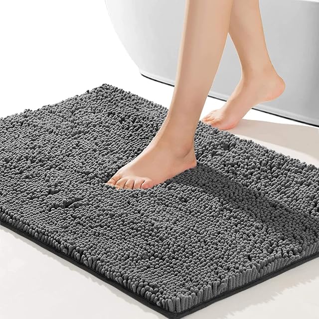 DiliDala Bath Mat Non-slip Chenille Bathroom Rug Machine Washable Shower Mat 40x60 cm Soft and Absorbent Fluffy Rugs for Bathtub (Grey)
