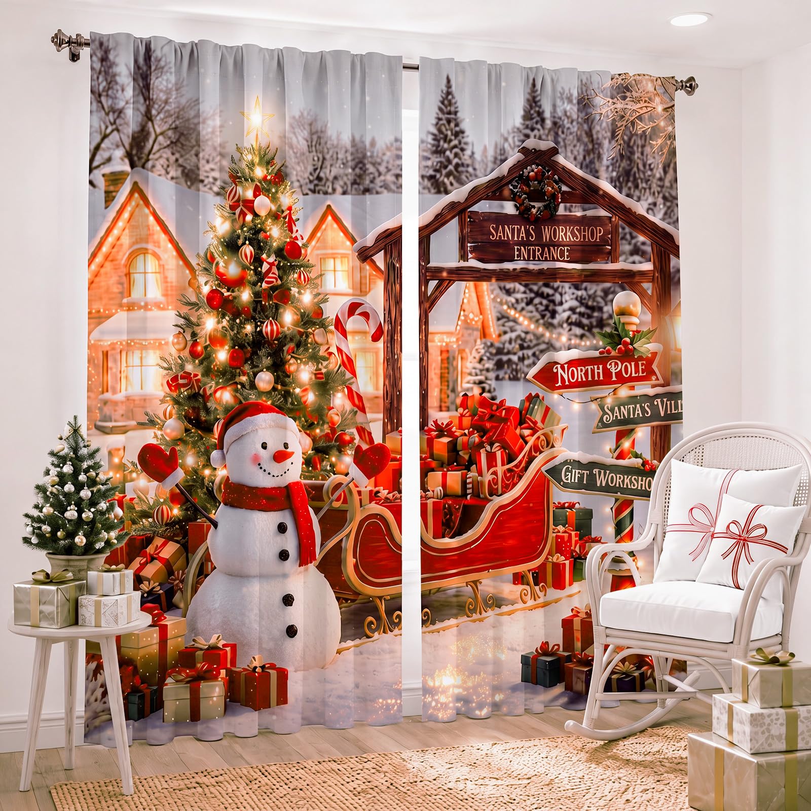 SmoothNovelty 2 Pcs Christmas Curtains for Living Room Snowman North Pole