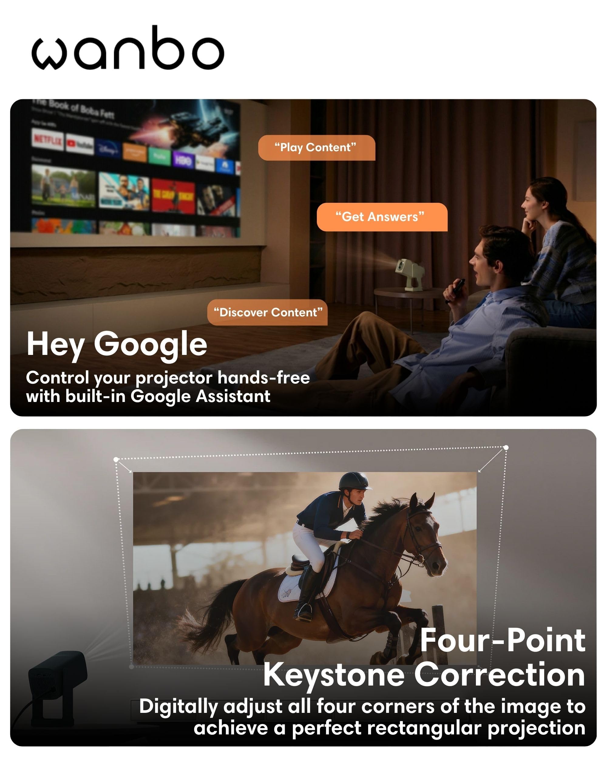 Wanbo Cube 1 Pro - Proyector Inteligente con Android TV y Google Play - Mini proyector portátil Compacto y Altavoz Bluetooth de 8 W, corrección Keystone, Cine en casa para Espacios pequeños