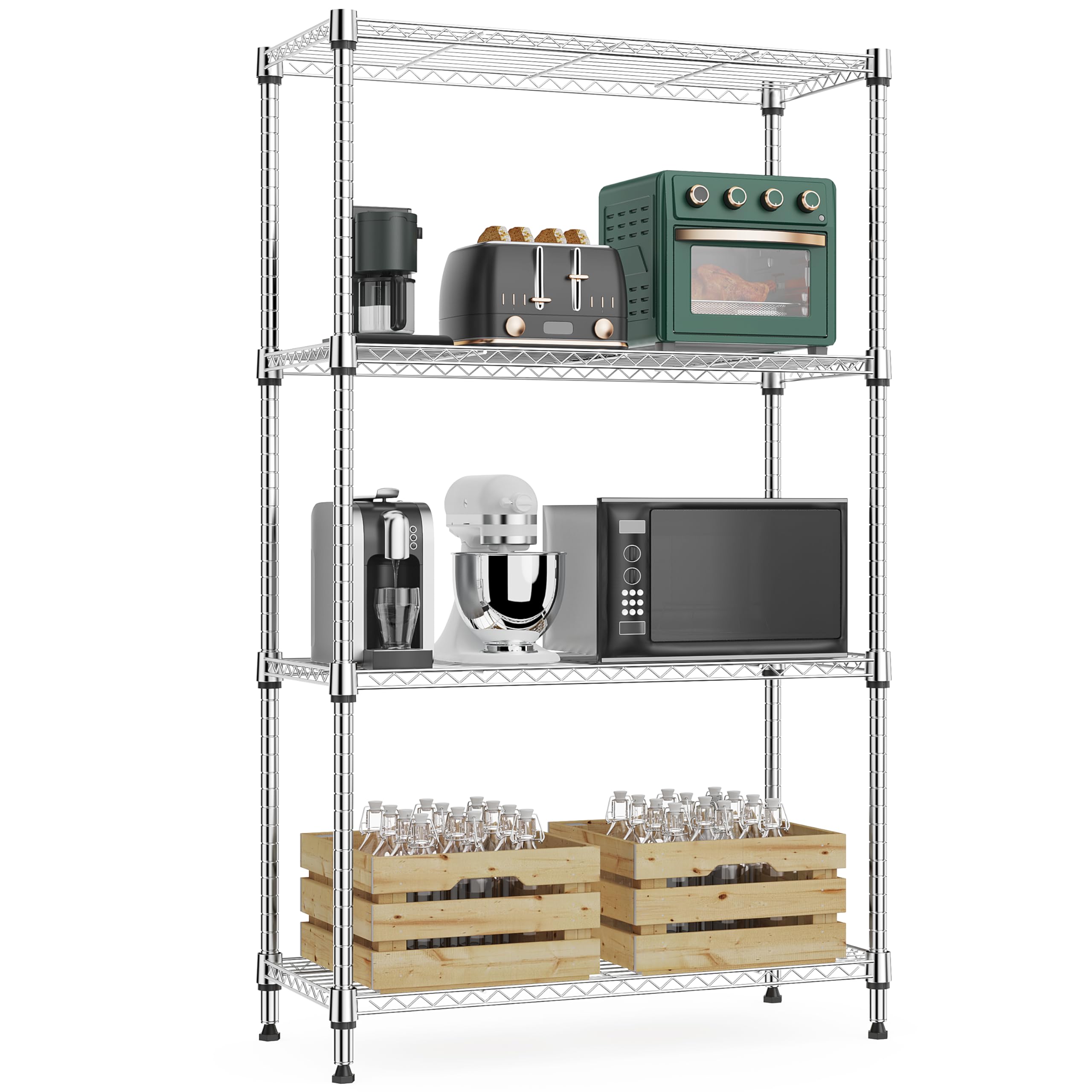 M MZG 1000 lbs 4Tier Shelf Metal Storage Shelves Wire Rack Closet Organizers with Wheel for Garage Kitchen Bathroom Laundry Chrome 13.7" D x 23.6" W x