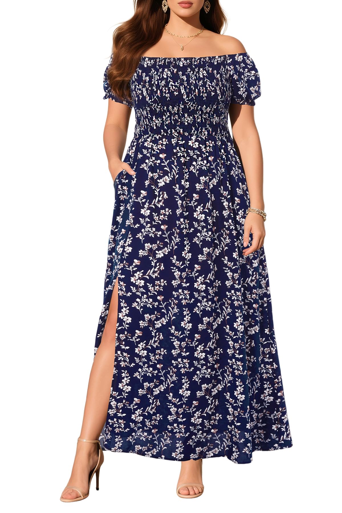 Plus Size Summer Dresses - Boho Casual Off Shoulder Floral Long Maxi Dress with Pockets