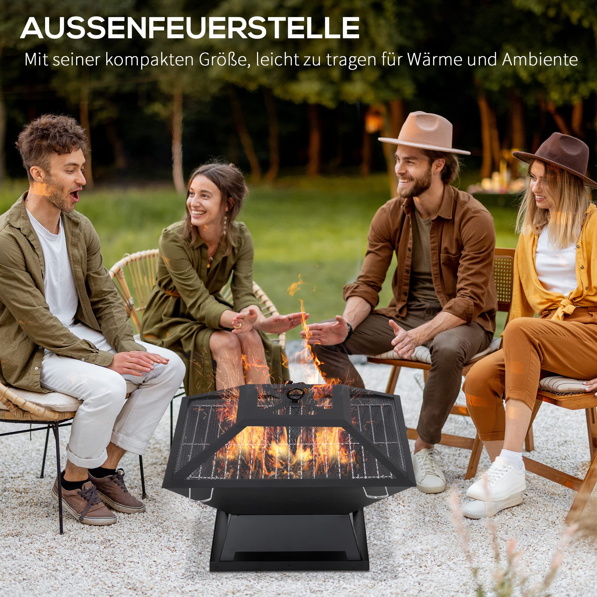 Outsunny ciotola per fuoco con griglia parascintille cesto per fuoco a poker per giardino campeggio BBQ acciaio nero 45 x 45 x 34 cm