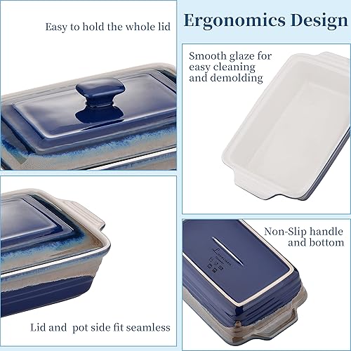 Miniatura 8 de LOVECASA Plato para hornear profundo de 4.5 cuartos de galón con tapa, cacerola rectangular de cerámica de 9 x 13 pulgadas con tapa, sartenes