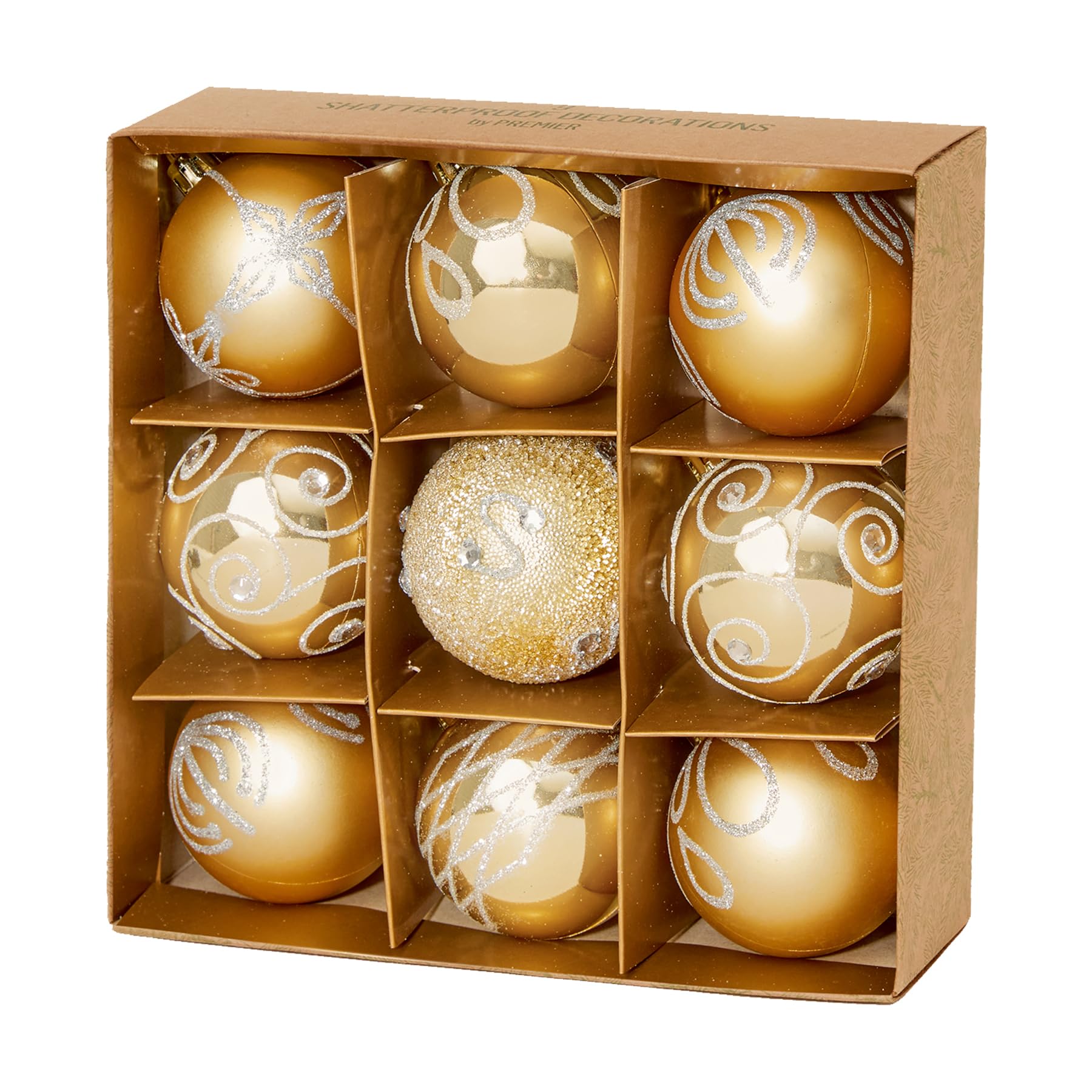 Widdle Gifts Gold 6129 Christmas Shatterproof Baubles 9 Pack 60Mm Tree Decoration - Glitter, Matte, And Shiny (Gold 6129)