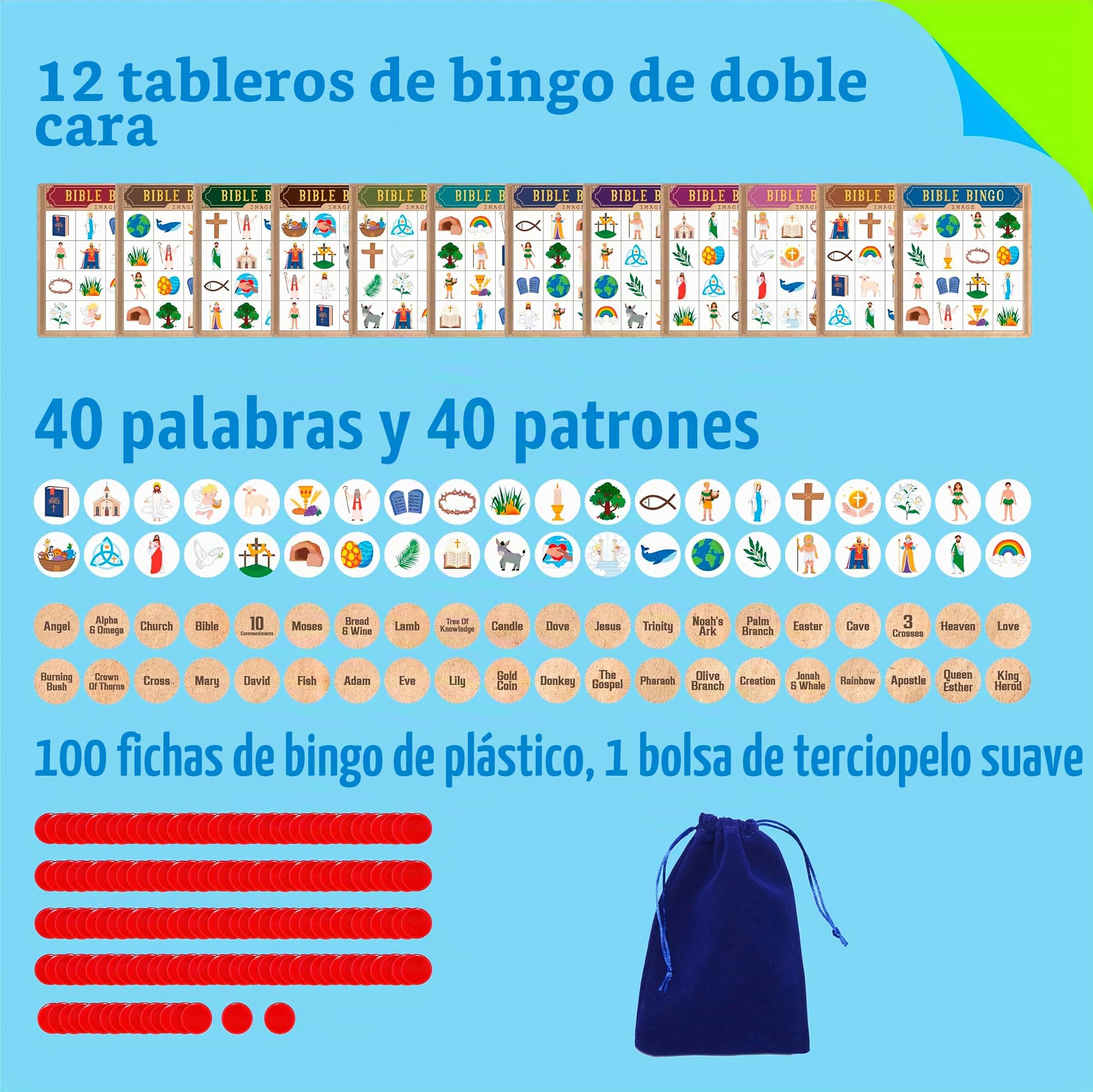SpriteGru Juego de Bingo Bíblico, Juego de Bingo para Múltiples Jugadores para Cristianos, Niños de la Escuela Bíblica, Iglesia Cristiana Dominguera