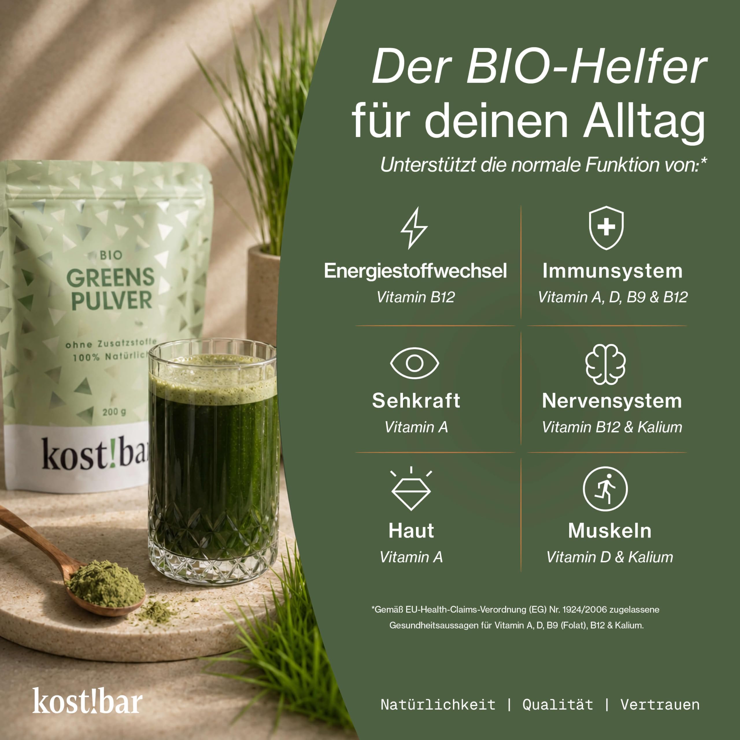 BIO Greens Pulver - Stoffwechsel Helfer - Diät Unterstützung - Hochdosierte Grassaftpulver aus Gerstengras, Weizengras, uvm. - 60 Superfood Smoothies