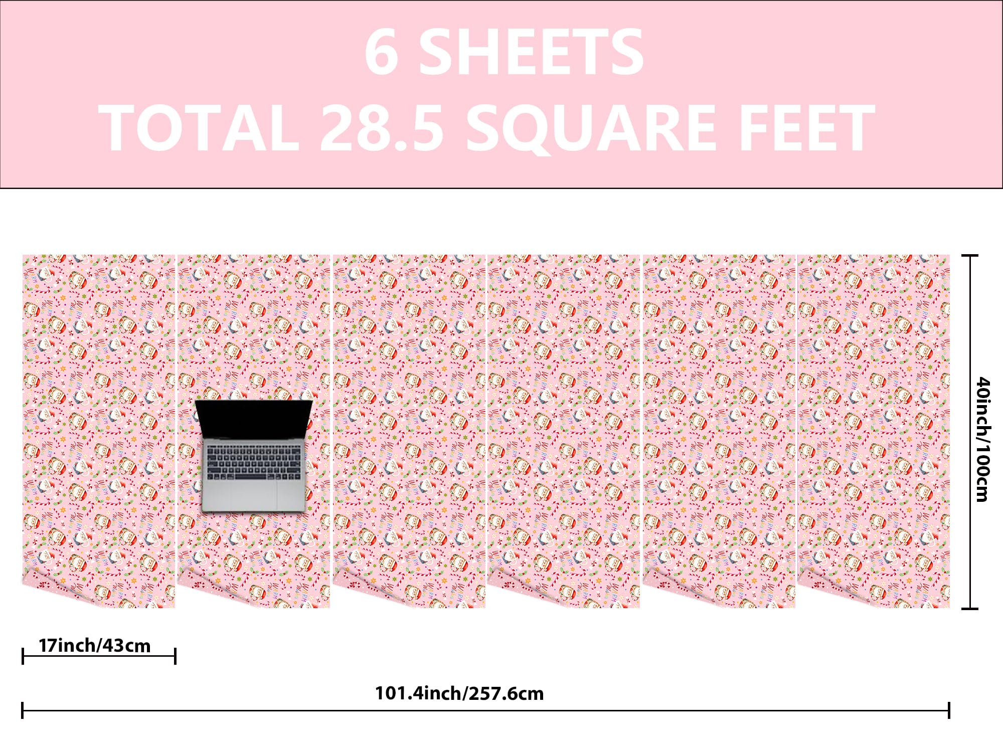 Vnaaem Rouleau de papier cadeau de Noël rose – Tasse de Père Noël et canne à sucre d'orge avec nœud – Papier cadeau pour fêtes de fin d'année, fêtes d'hiver – 43,2 cm x 6,1 m (total 2,5 m²)