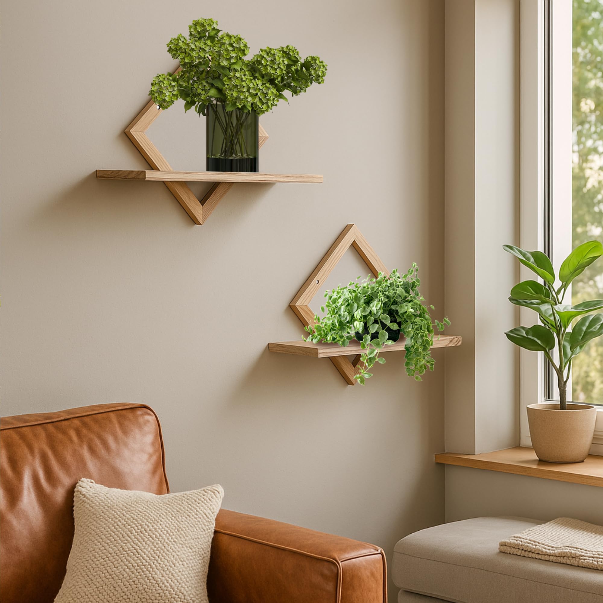 Floating Shelves for Wall,Decorative Wall Shelf,Hanging Shelf for Plants Storage Display Holder,Indoor Decor for Living Room Home Office Bathroom Bedroom,Solid Wood,Diamond Shaped,2 Pack(Natural) - Image 2