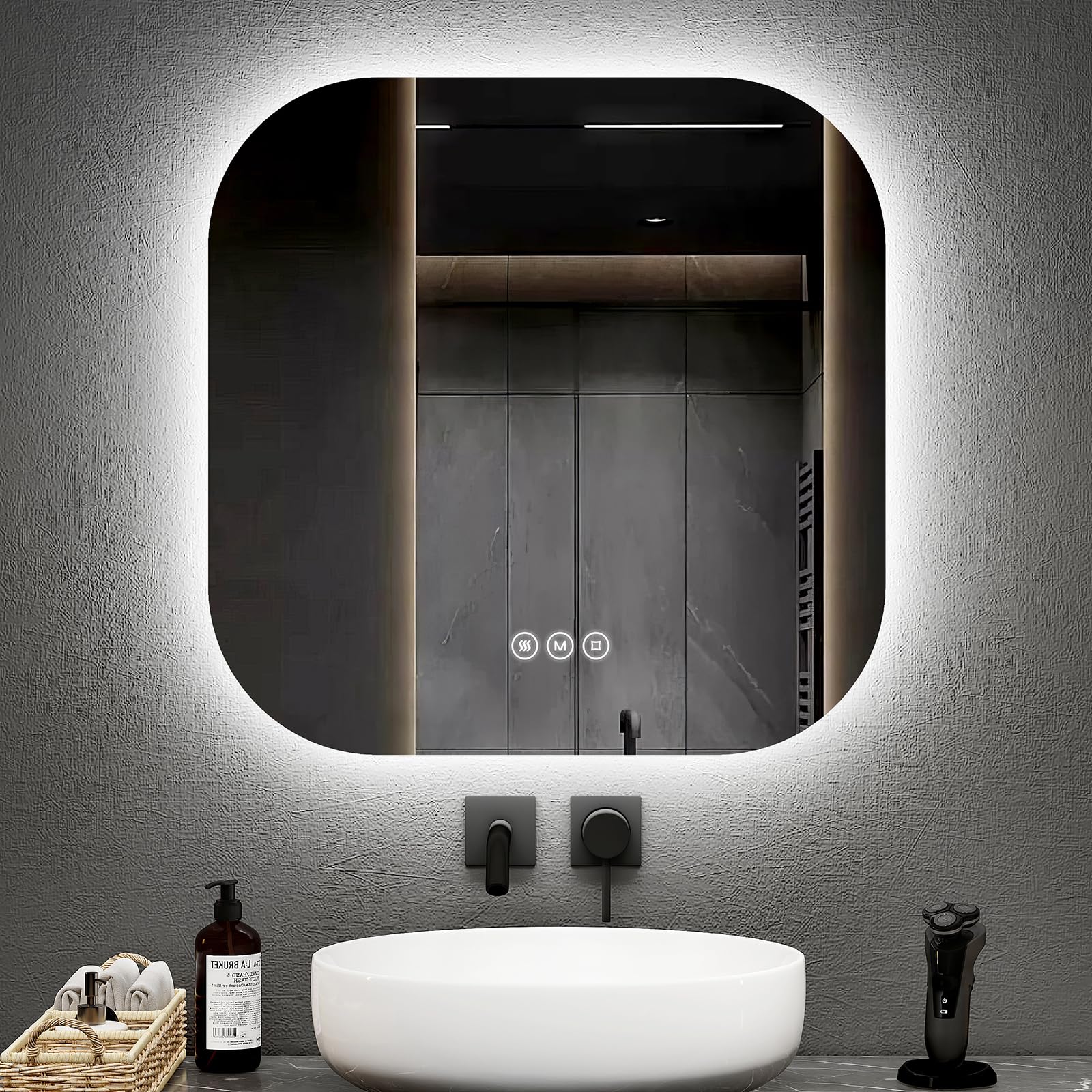 EMKE Backlit Bathroom Mirror with Led Lights, 500x500mm Square Wall Mounted Vanity Mirror with Touch, Anti-Fog, Dimmable Light and Colour Temperature, Memory Function Smart Wall Bathroom Mirror