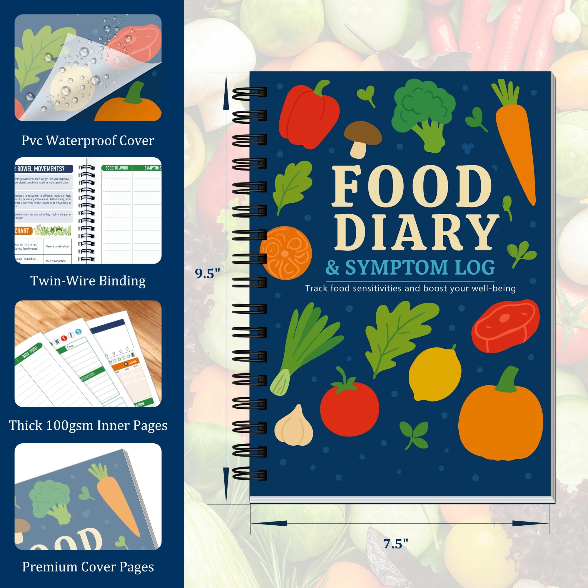75-dniowy dziennik żywności i śledzenie objawów dla zdrowia jelit – IBS, FODMAP, dziennik alergii i dobrego samopoczucia, przenośny planer zdrowia układu pokarmowego A5 z papierem bez przebarwień o