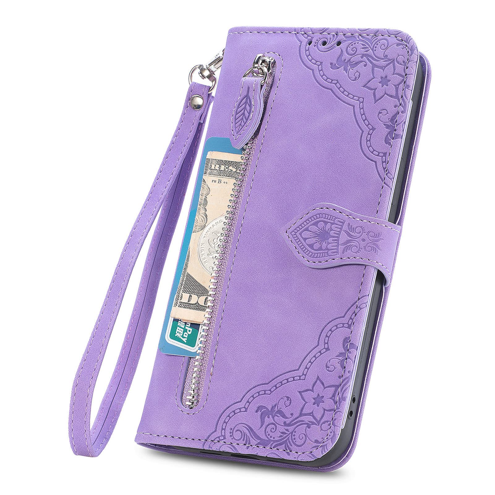 Custodia A Libro Portafoglio Con Fiori Per Xiaomi 12 Lite - Cover In Similpelle Con Tasca Zip, Porta Carte E Laccio - Viola