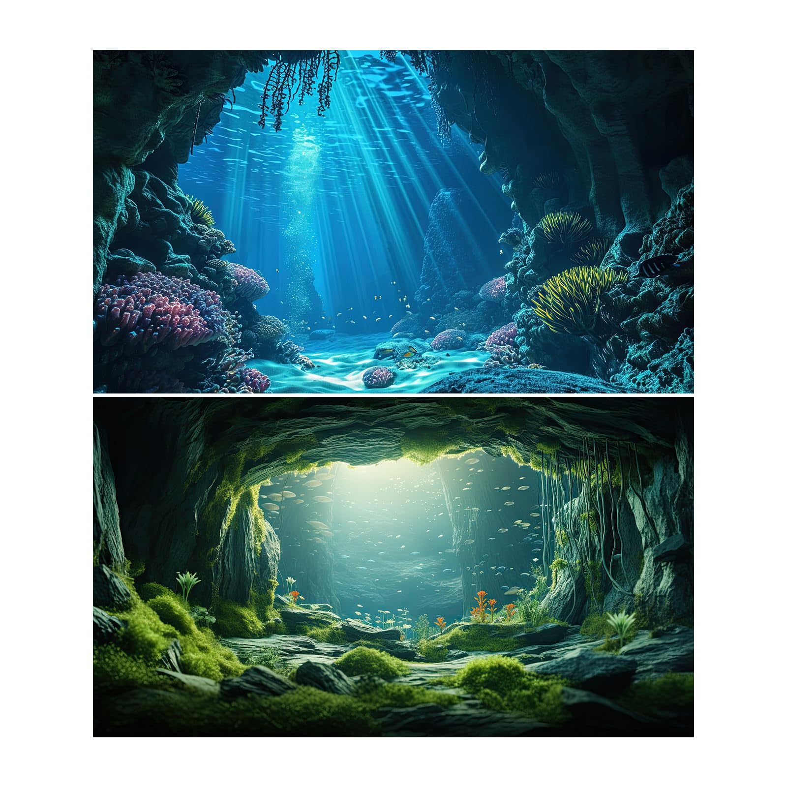 2 Packs Aquarium Background Underwater World Large Rock Cave Fish Tank Background Grotto Caves Caral Reef Aquarium Backgrounds Tropical Under The Sea Marine Sunrays Fish Tank Backgrounds 24x12in