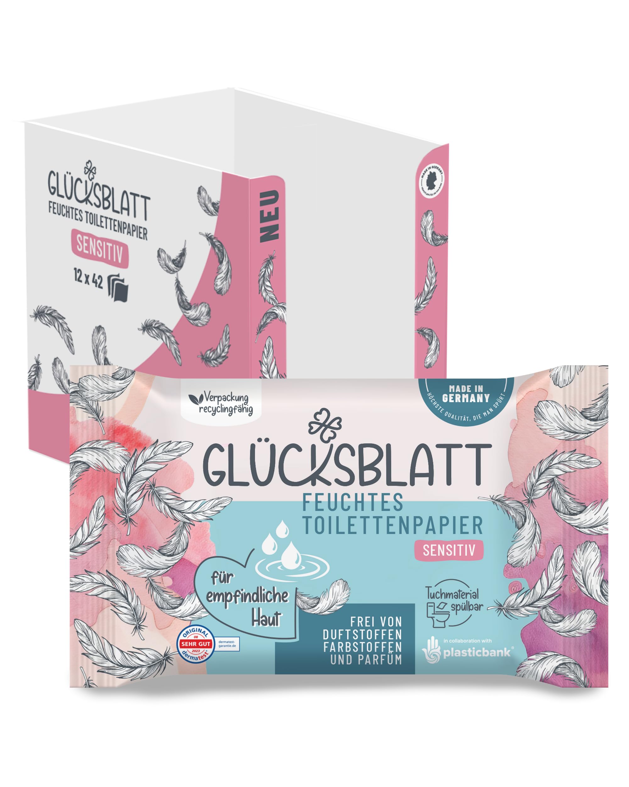 Glücksblatt SENSITIV wilgotny papier toaletowy, 12 opakowań po 42 chusteczki, bez zapachów i barwników, bezzapachowy, testowany dermatologicznie, do skóry wrażliwej, delikatna pielęgnacja