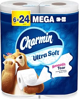 Charmin Ultra Soft Toilet Paper, 6 Mega Rolls = 24 Regular Rolls, 2X Absorbent, Septic-Safe Cushiony Comfort