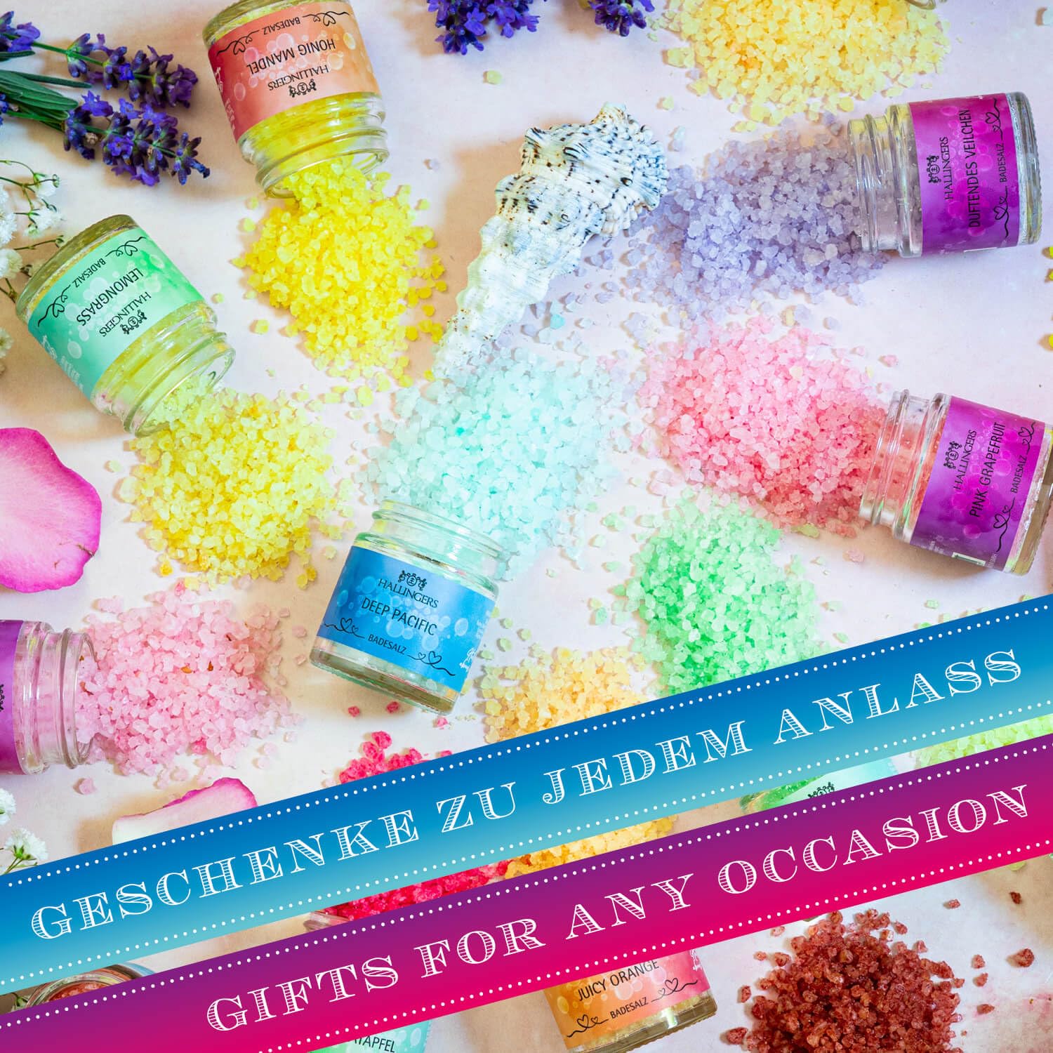 Hallingers Genuss Manufaktur Badesalze Geschenk-Set - 24x Badezusatz mit Totes Meer Badesalz edle Geschenkbox, Badekristalle Fußbad & Spa "Time to Relax", Geschenkidee für Frauen Männer