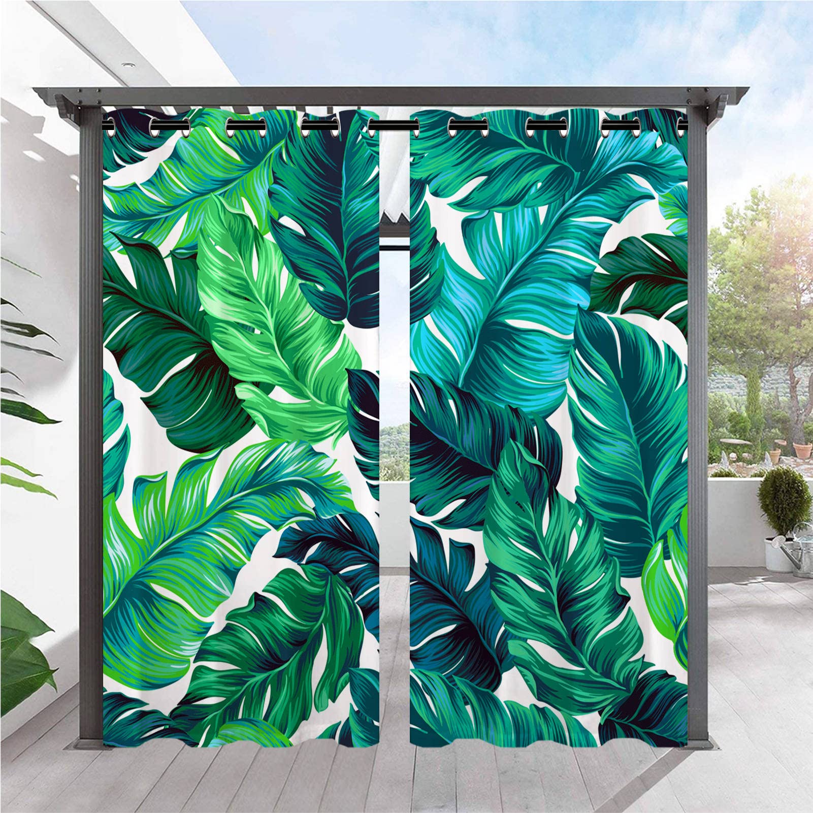 ANHOPE Outdoor Curtains Waterproof Eyelet Ring Top Drapes Turquoise Green Tropical Palm Leaf Print Pattern Privacy Outside Curtains for Patio Garden Gazebo Pergola Porch Pool 2 Panels 52 x 84 Inch โ image 1