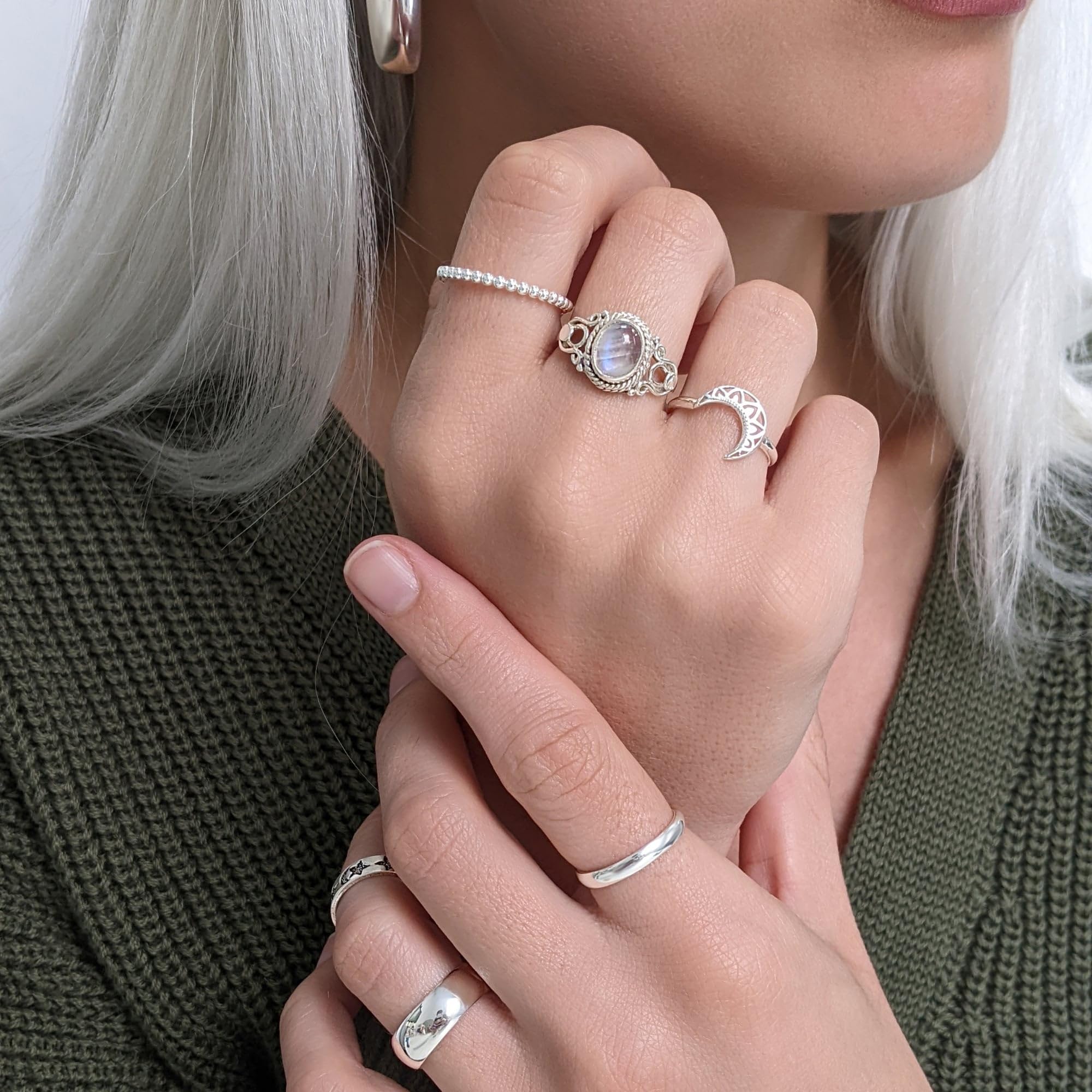 81stgeneration Anillo Cristal Piedra Lunar Plata de Ley 925 | Anillos Bohemios Promesa Piedras Preciosas Ovaladas Engastadas Bisel Adolescentes | Joyería India | Regalos Piedra Natal Junio Mujeres