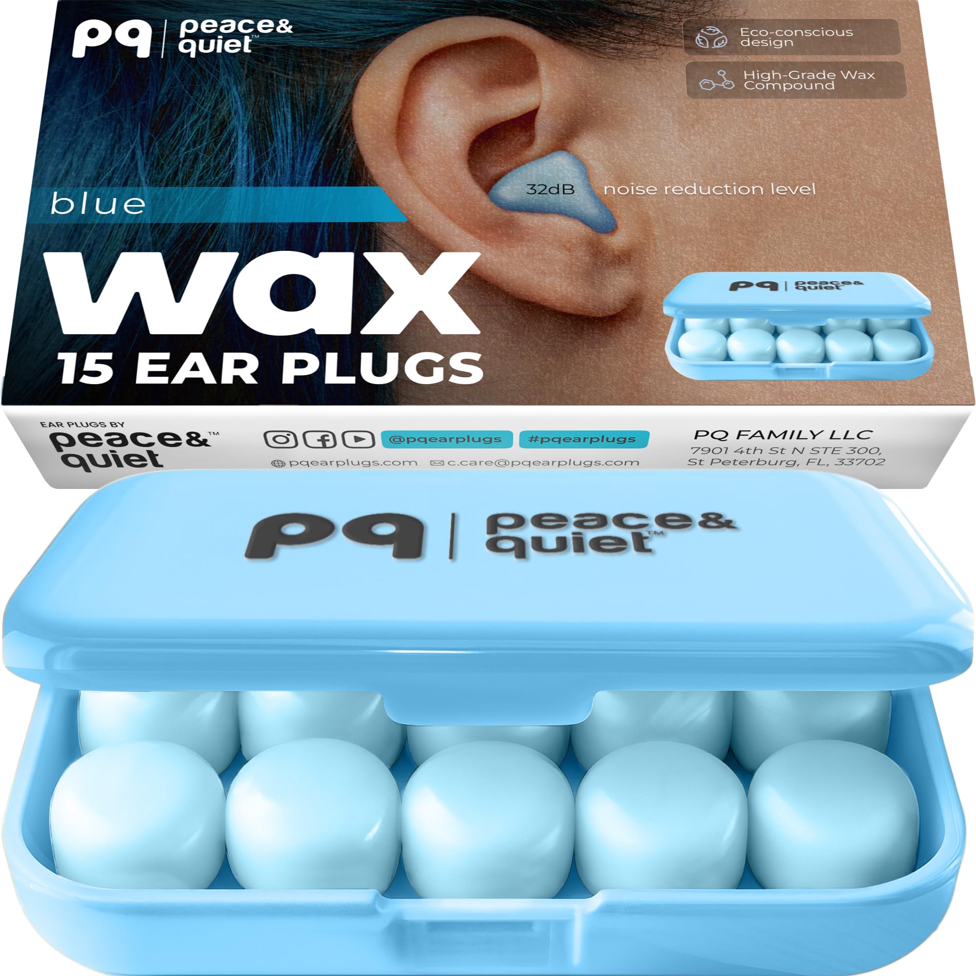 PQ ワックス耳栓 睡眠、水泳用 - 15個のソフトノイズキャンセリングシリコンゲルワックス耳栓 睡眠と水泳用 耳保護 遮音レベル32dB (枕15個) 色:ブルー