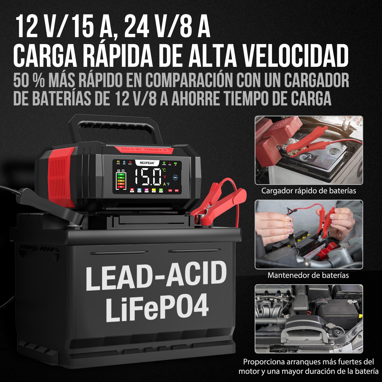 15A Cargador de Batería de Coche, NEXPEAK NC315 12V 24V LiFePO4 Cargador de Batería de Coche Portátil 9-Etapas Batería Inteligente para Coche, Camión, Moto, Cortacésped, Barco, Marina