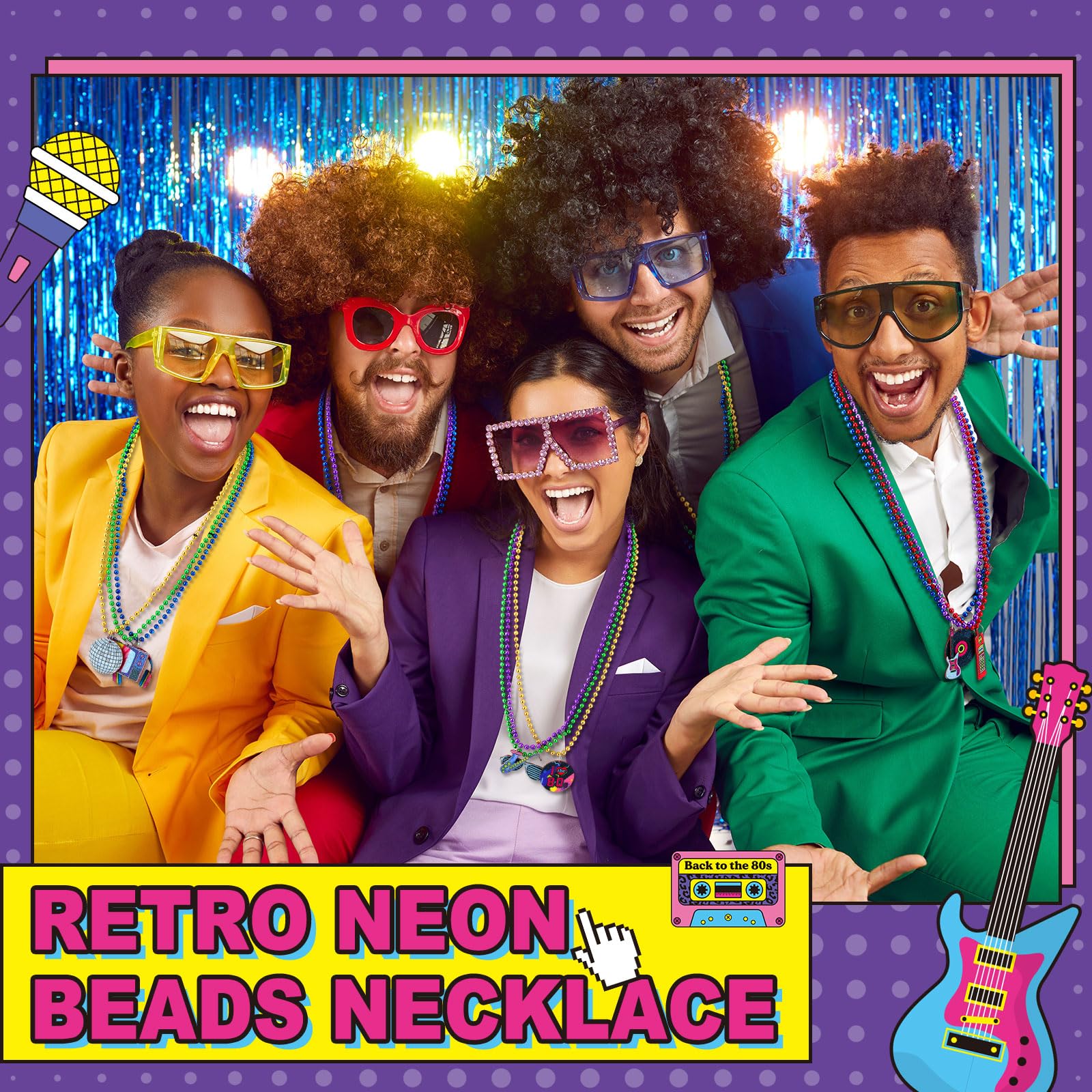 Ecally 100 Pcs 80s Party Supplies Necklaces 80s Theme Disco Party Decorations Retro Neon Colorful Disco Sunglasses Radios Necklace for Rock Music