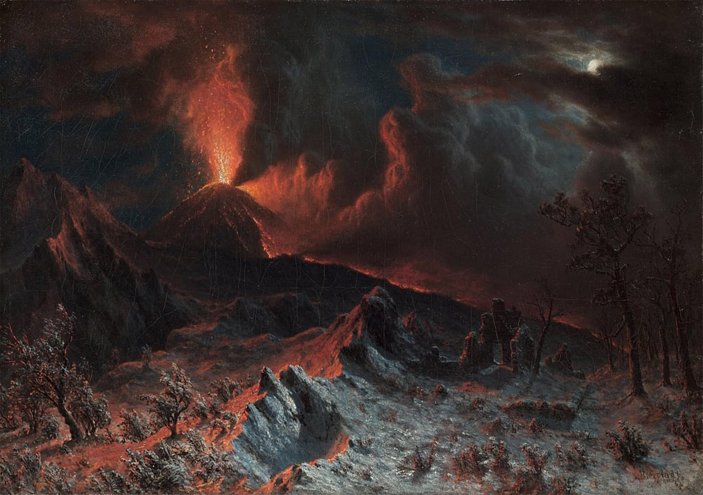 ARTXLXXBN Famous Prints Artwork Pictures Poster Painting Art Mount Vesuvius at Midnight by Albert Bierstadt Artwork Landscape Pictures for Home Decor 60x90cm
