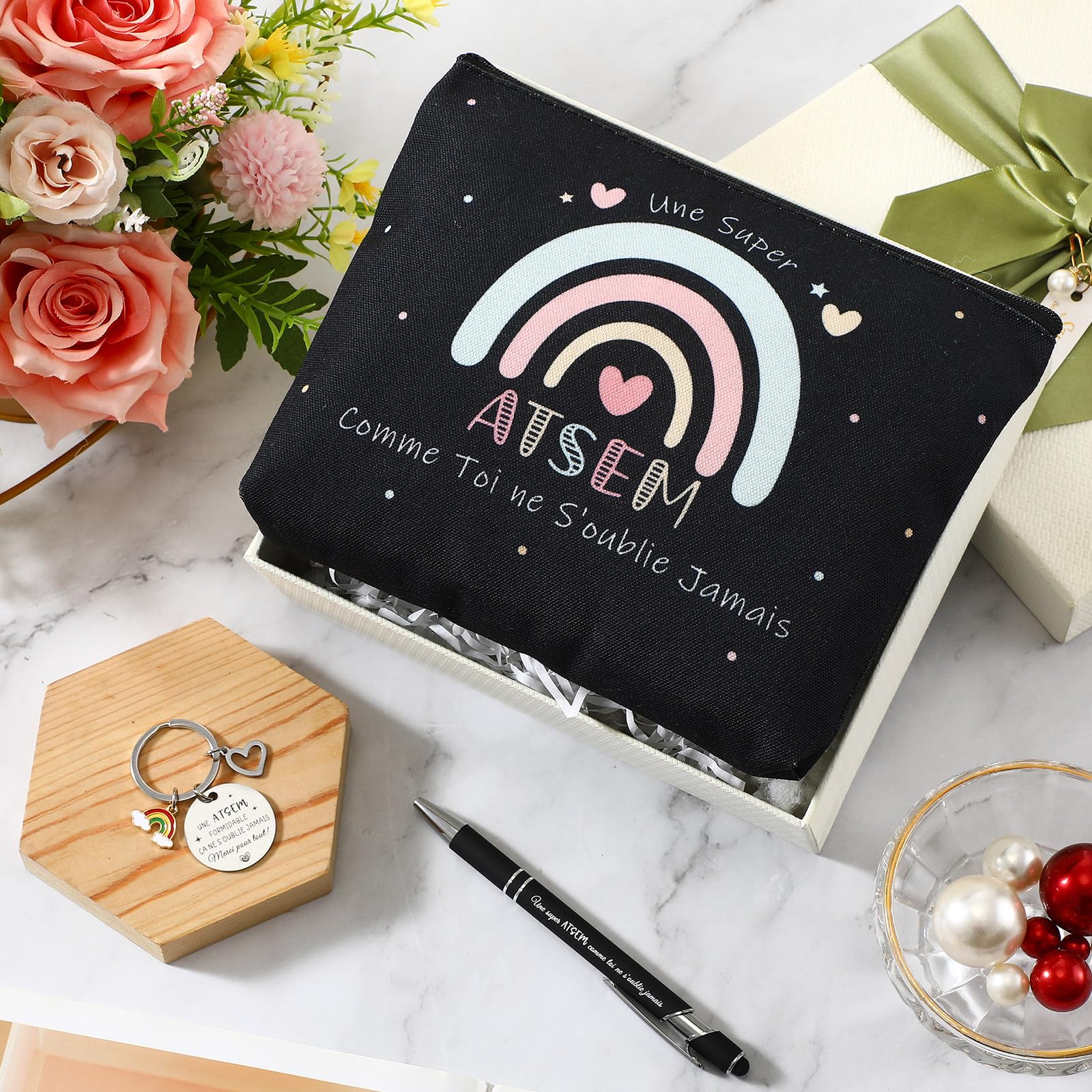 Coffret Cadeau ATSEM 3 Pièces Trousse de Maquillage Porte-Clés Stylo à Bille