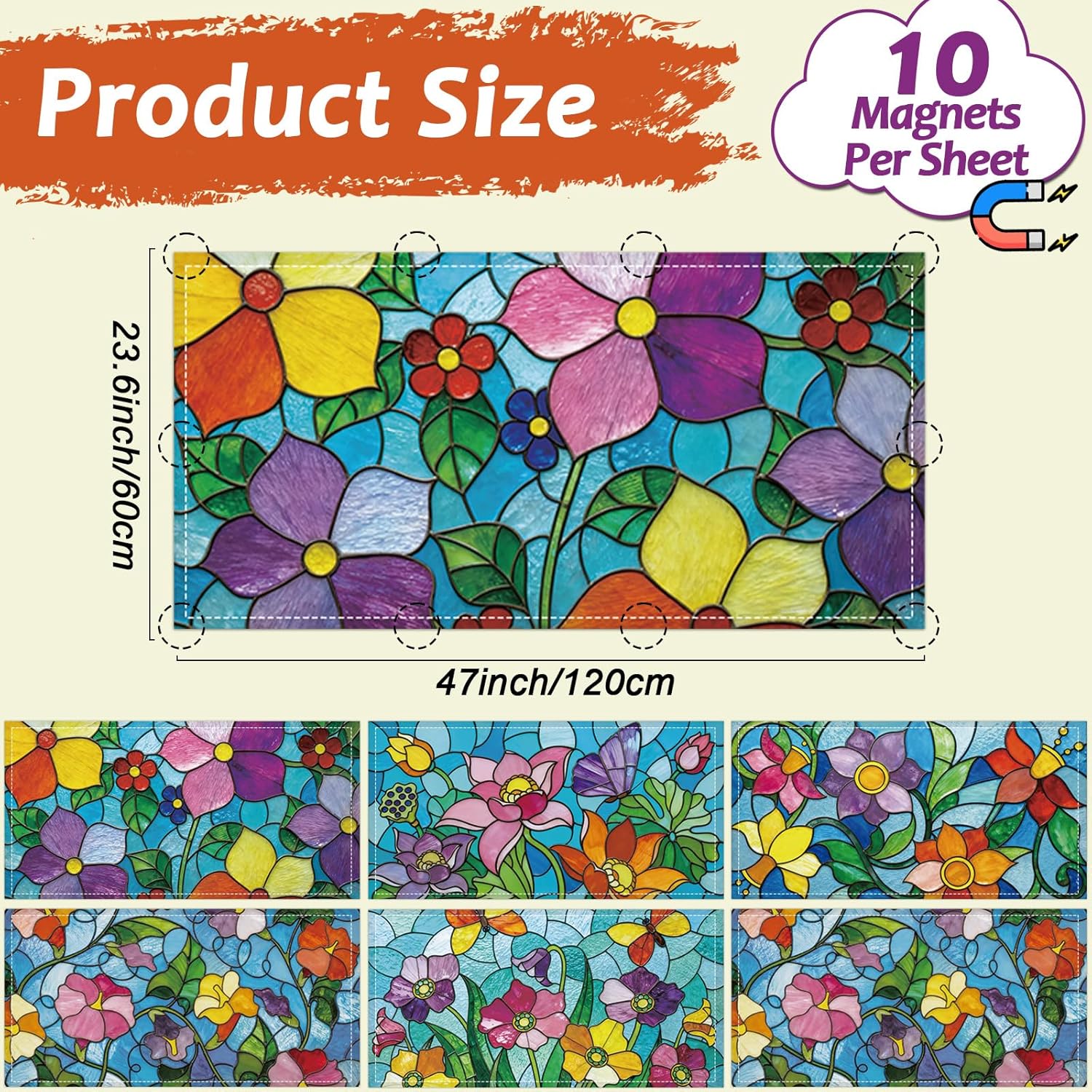 Wiooffen 6 Pcs Fluorescent Light Covers with 60 Magnets Decorative for Classroom Ceiling Light 4 x 2 Feet Magnetic Light Covers Filter Easy Install for Office Hospitals & Home (Stained Glass Floral)