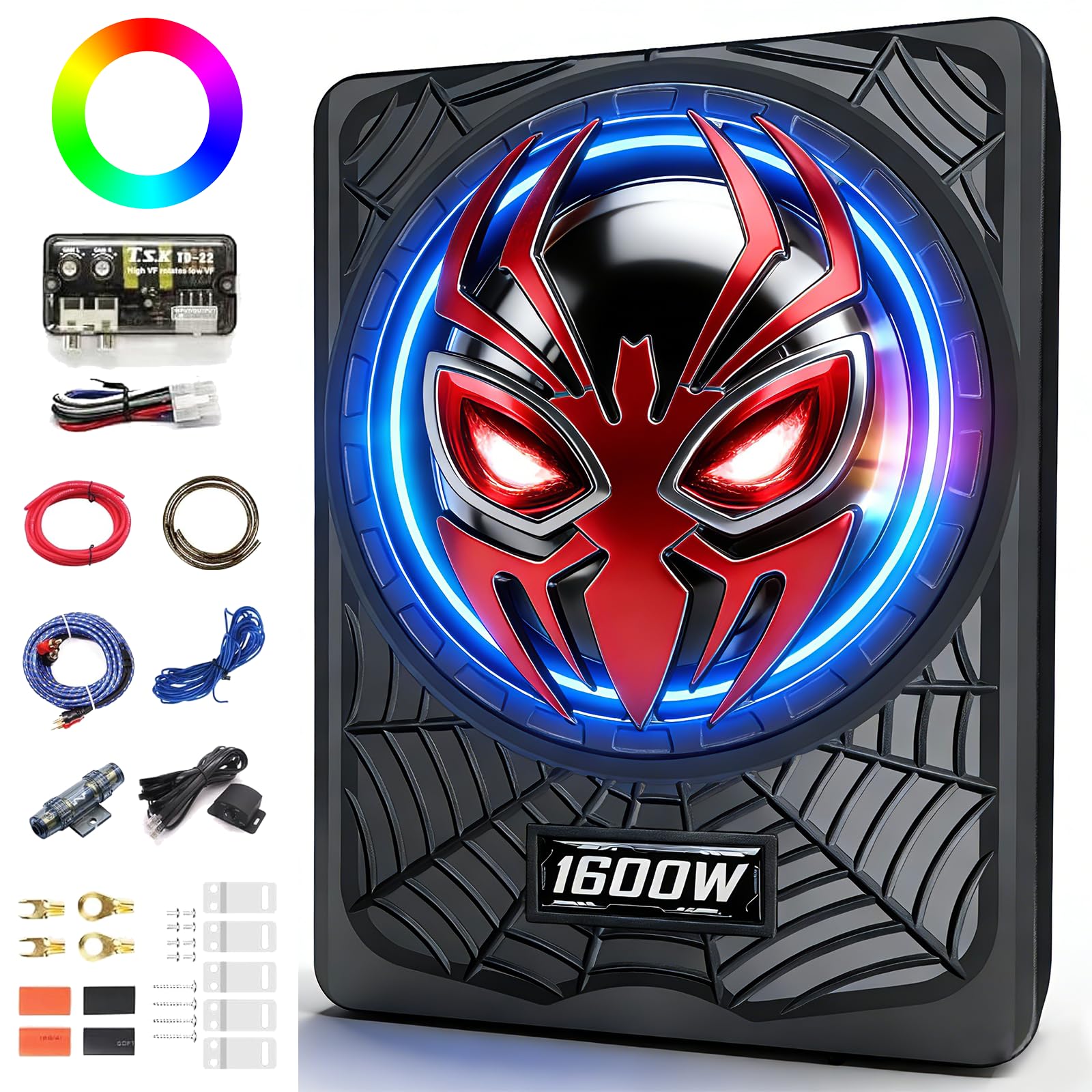 1600W Slim Under seat Car Subwoofer and Amp Package, Powered Subwoofer with Built-in Class D Amplifier, Cast Aluminum Body, LED Ambient Light Switch, Deep Bass Subwoofer for Car, Truck, SUV