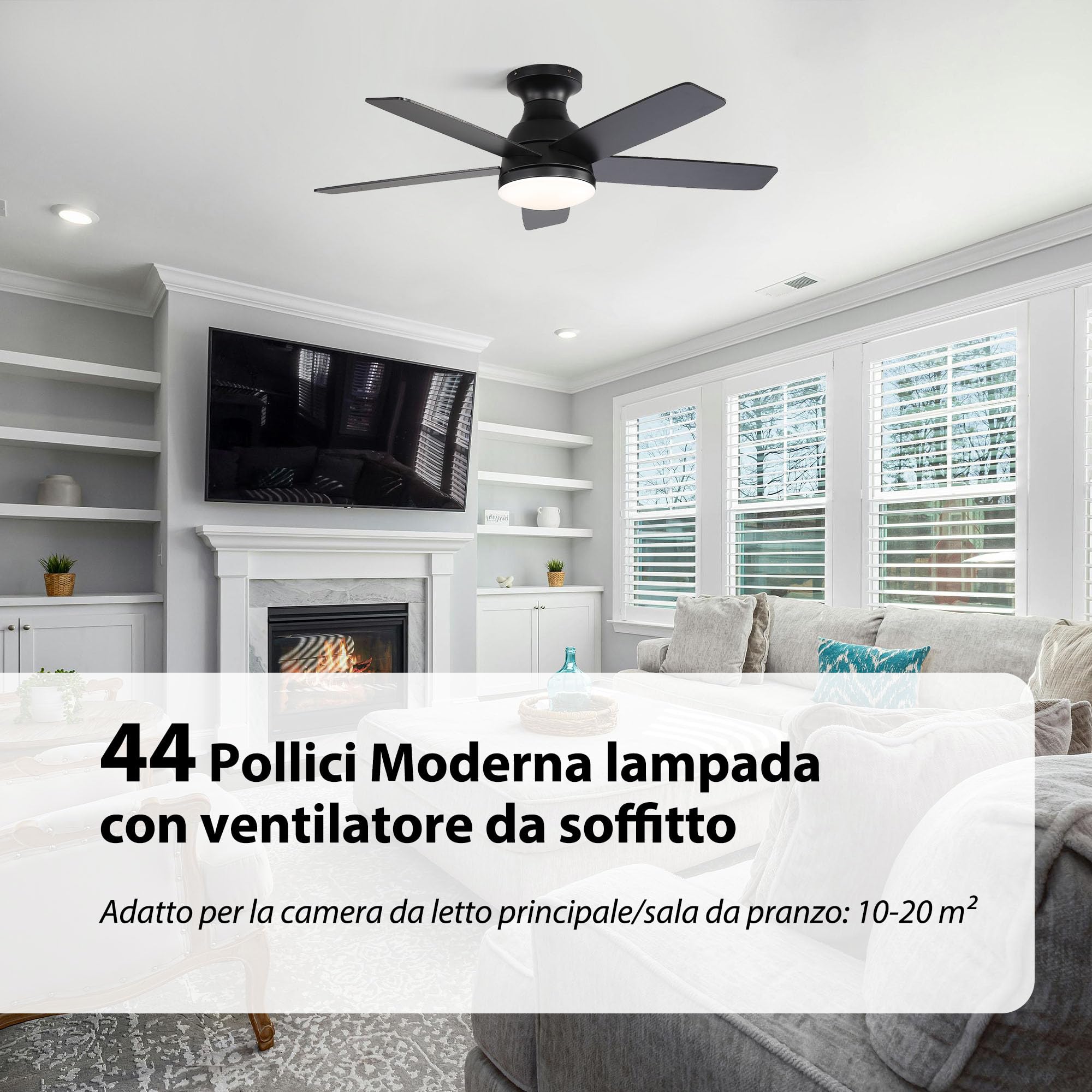OZENAOS Ventilatore da Soffitto con Luce 112 cm, Motore DC Silenzioso con Telecomando, 6 Velocità, Timer, 3 Luci Dimmabili, Nero per Soggiorno Camera