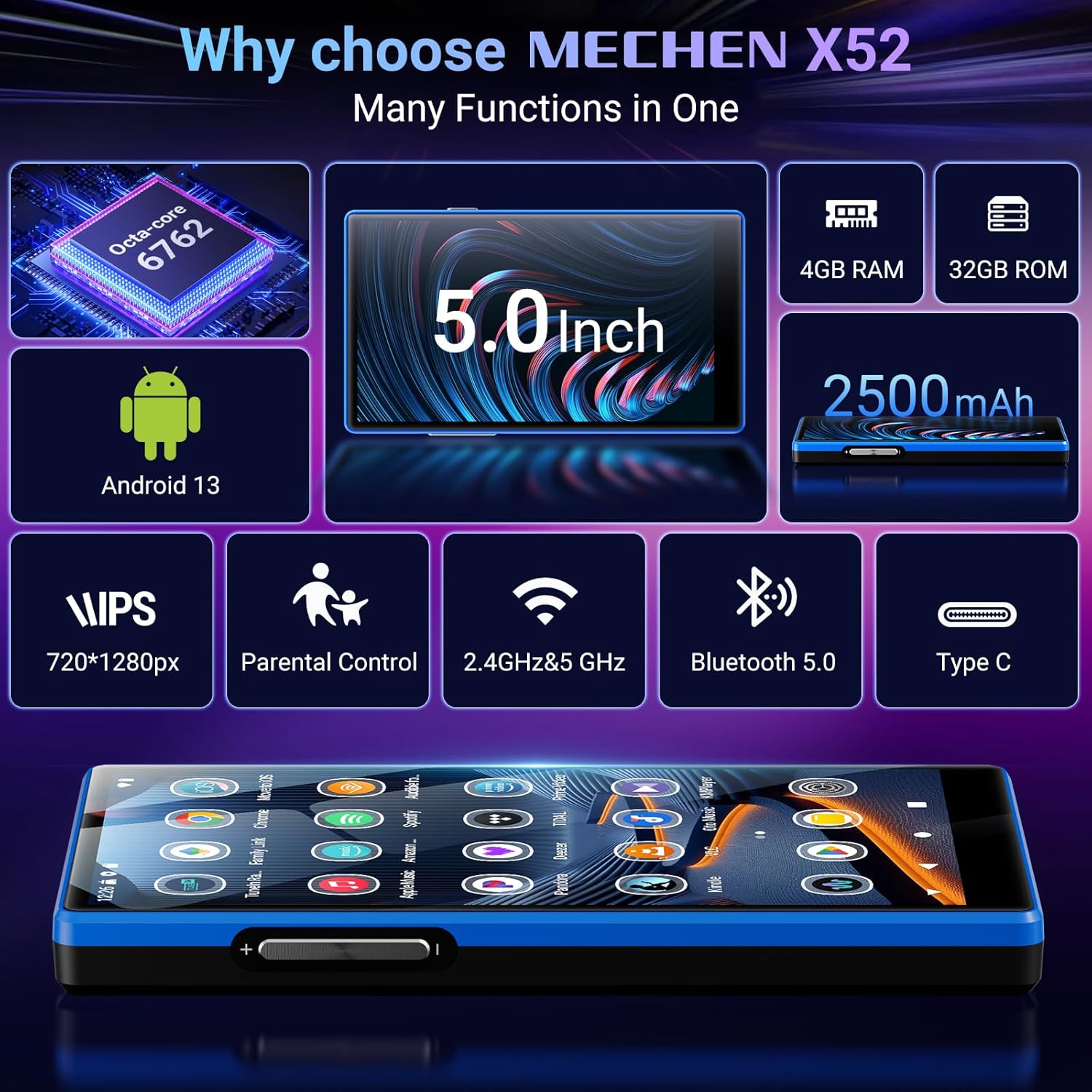 MECHEN 160GB WiFi MP3 Player with Bluetooth, Android 13 and Wi-Fi Streaming, 5" 1080P IPS Display, preinstalled Audible, Amazon Music, Spotify, Play Store - Image 2