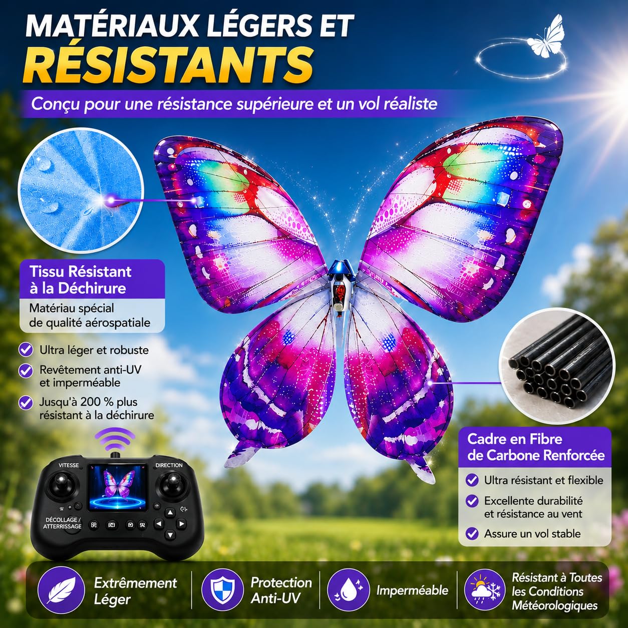 Drone ornithoptère papillon bionique radiocommandé avec capteurs 2.4 GHz jouet insecte volant fait main avec éclairage LED 3 piles plus de 15 minutes de vol pour débutants et adultes