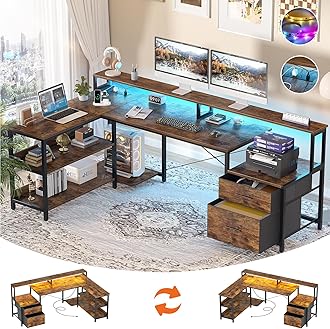 Aheaplus L Shaped Desk with File Drawer, 66" Reversible L Shaped Computer Desk with Power Outlet & LED Strip, Gaming Desk with Monitor Stand, Office Desk Corner Desk with Storage Shelf, Rustic Brown