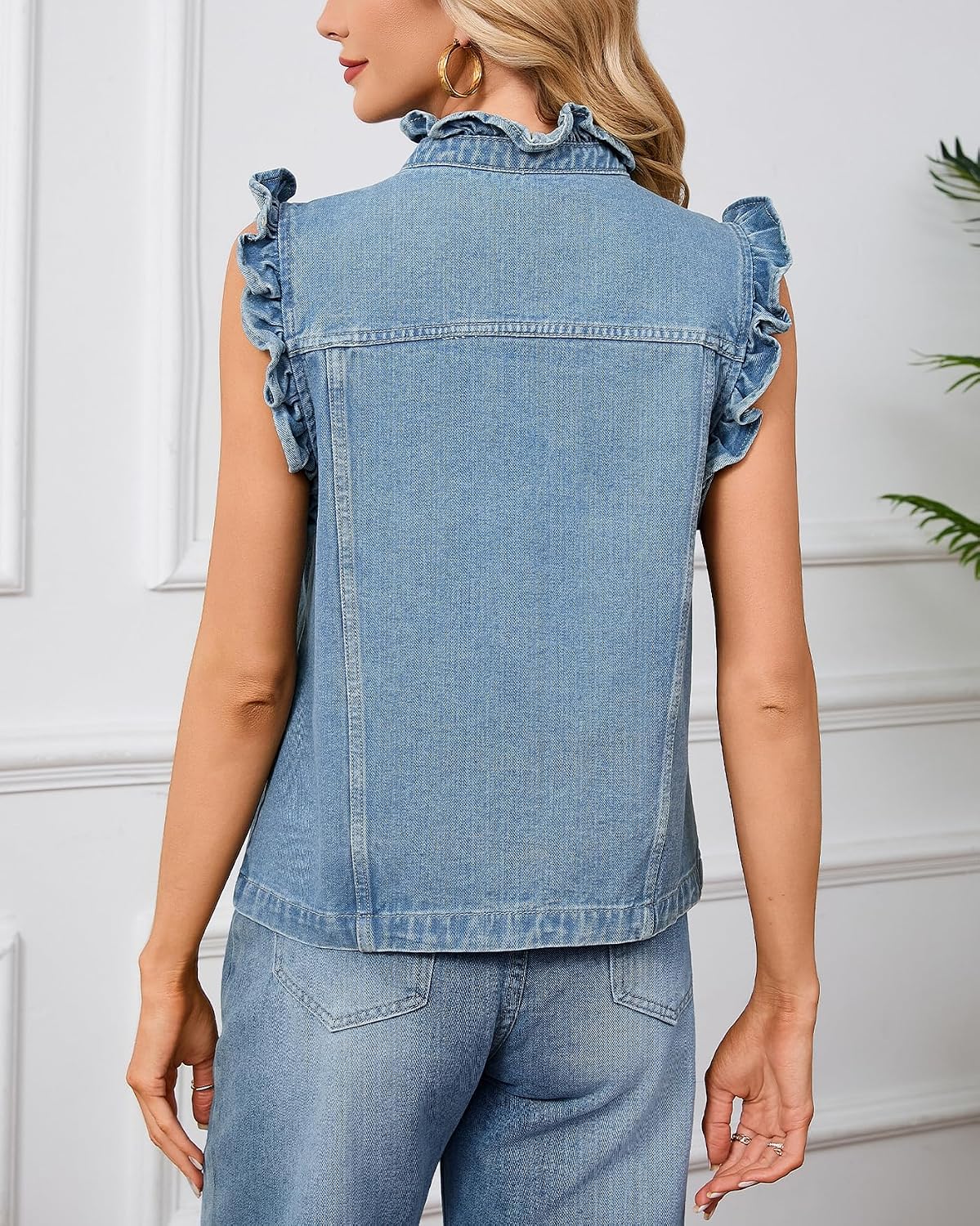 YEXPINE Women's Ruffled Sleeveless Denim Vest Summer Causal Button Down Jean Vest Top Sleeveless Jacket
