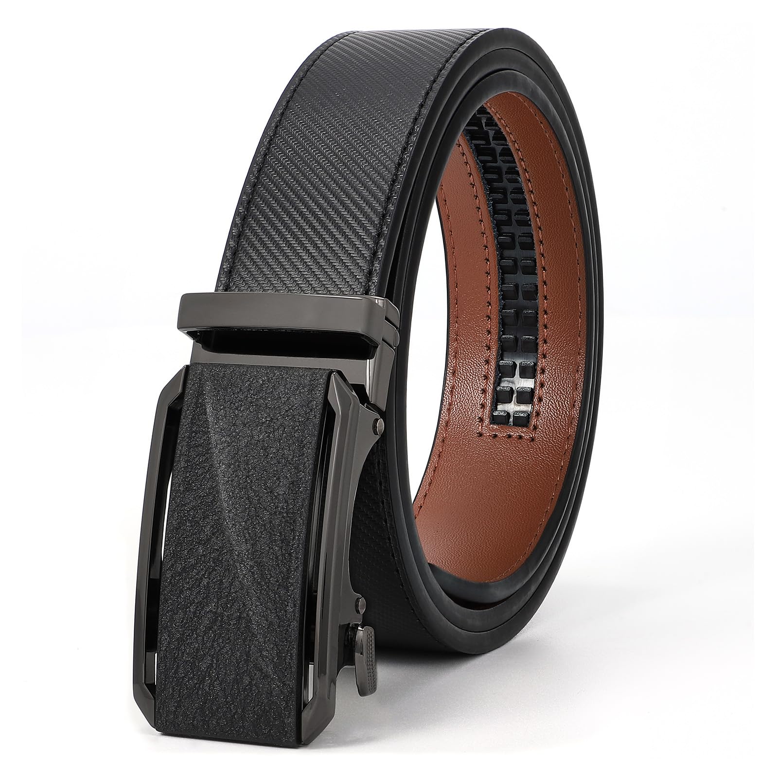 SANSTHS Mens Ratchet Belt, Leather Ratchet Belts for Men Adjustable Dress Belt Slide Belt for Gift Fit Everywhere