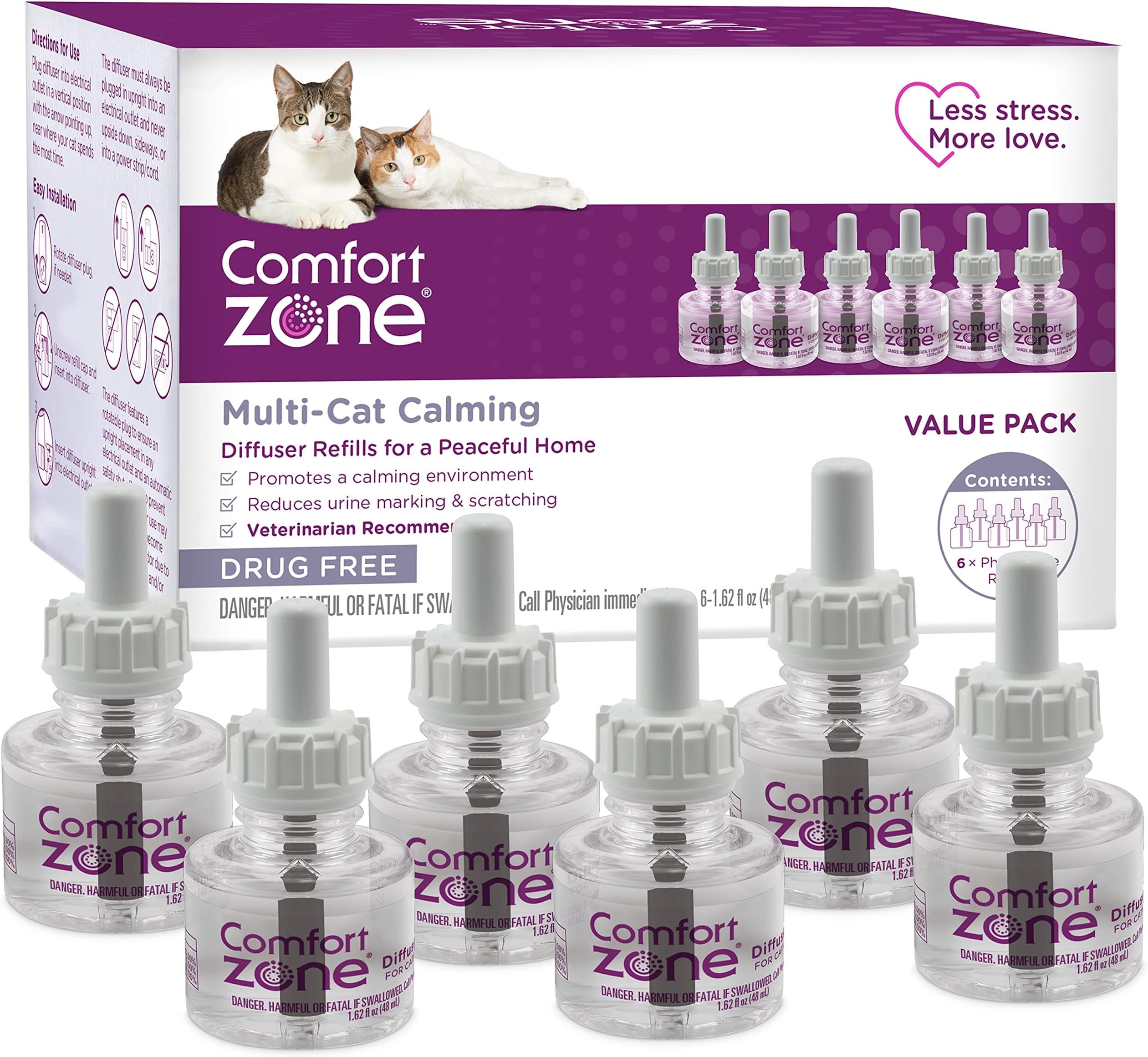 Multi Cat Calming Diffuser Refill, 6 Pack – Cat Calming Pheromone Refills Help Reduce Anxiety, Stress, Scratching, Urine Marking, Multi-Cat Aggression, (30-Day Refills, 180-Day Supply)